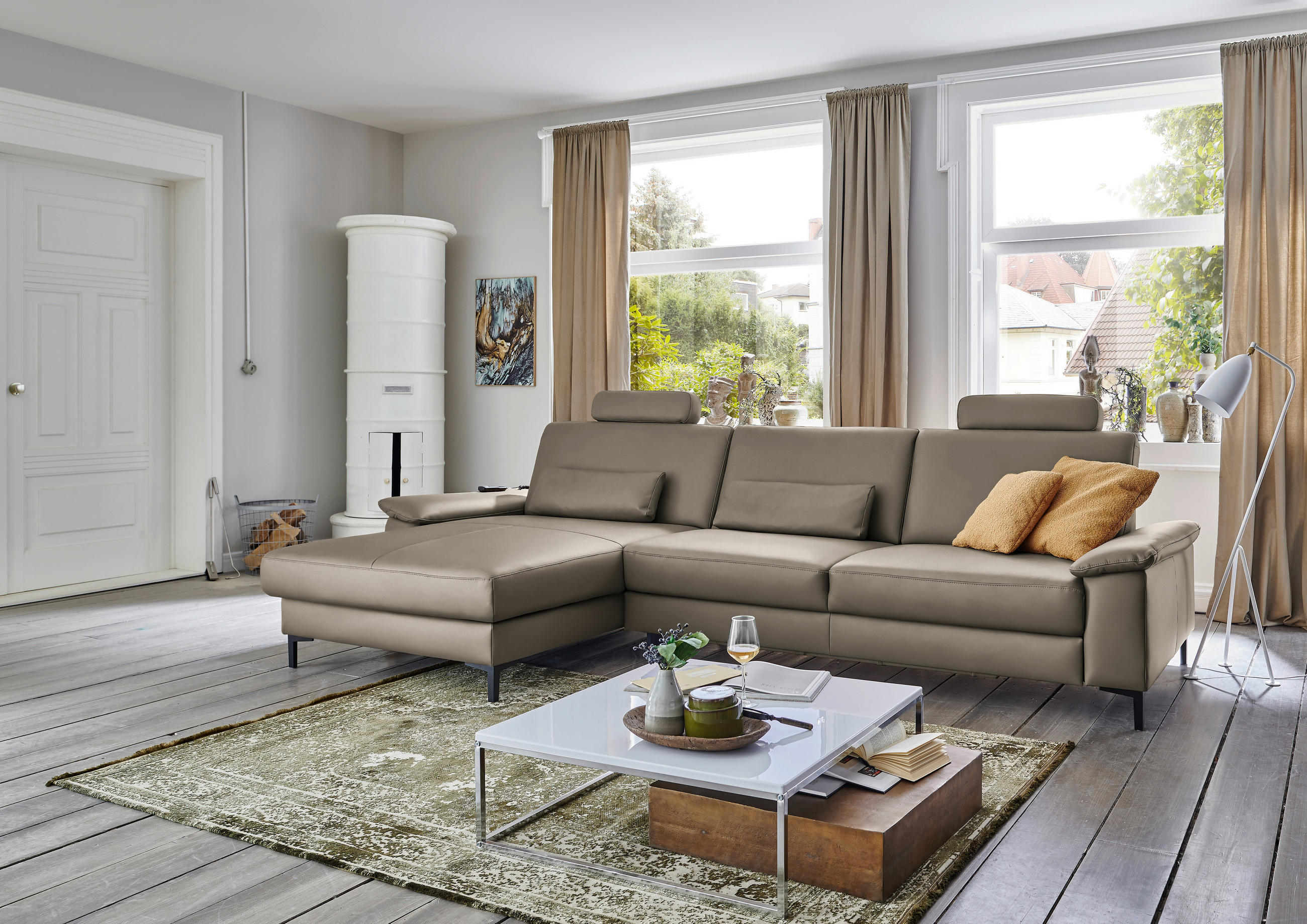 ECKSOFA in Echtleder Graubraun  - Graubraun/Schwarz, Design, Leder/Metall (176/334cm) - Dieter Knoll