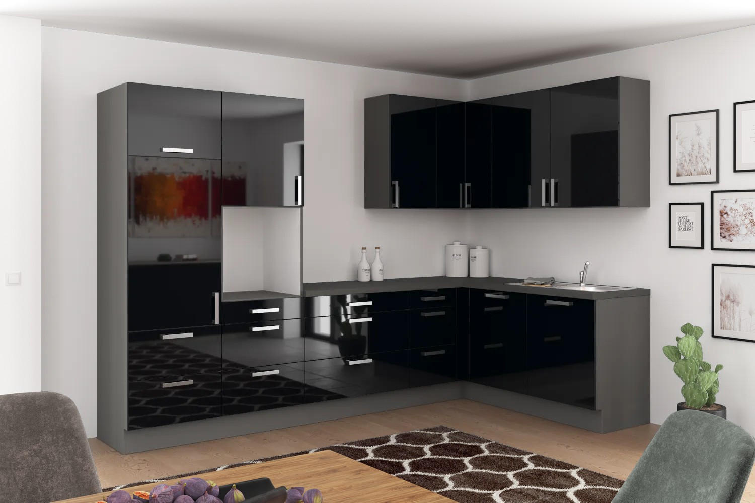Eckküche Ip4050 ohne Geräte 320x185 cm Schwarz/Graphitf.