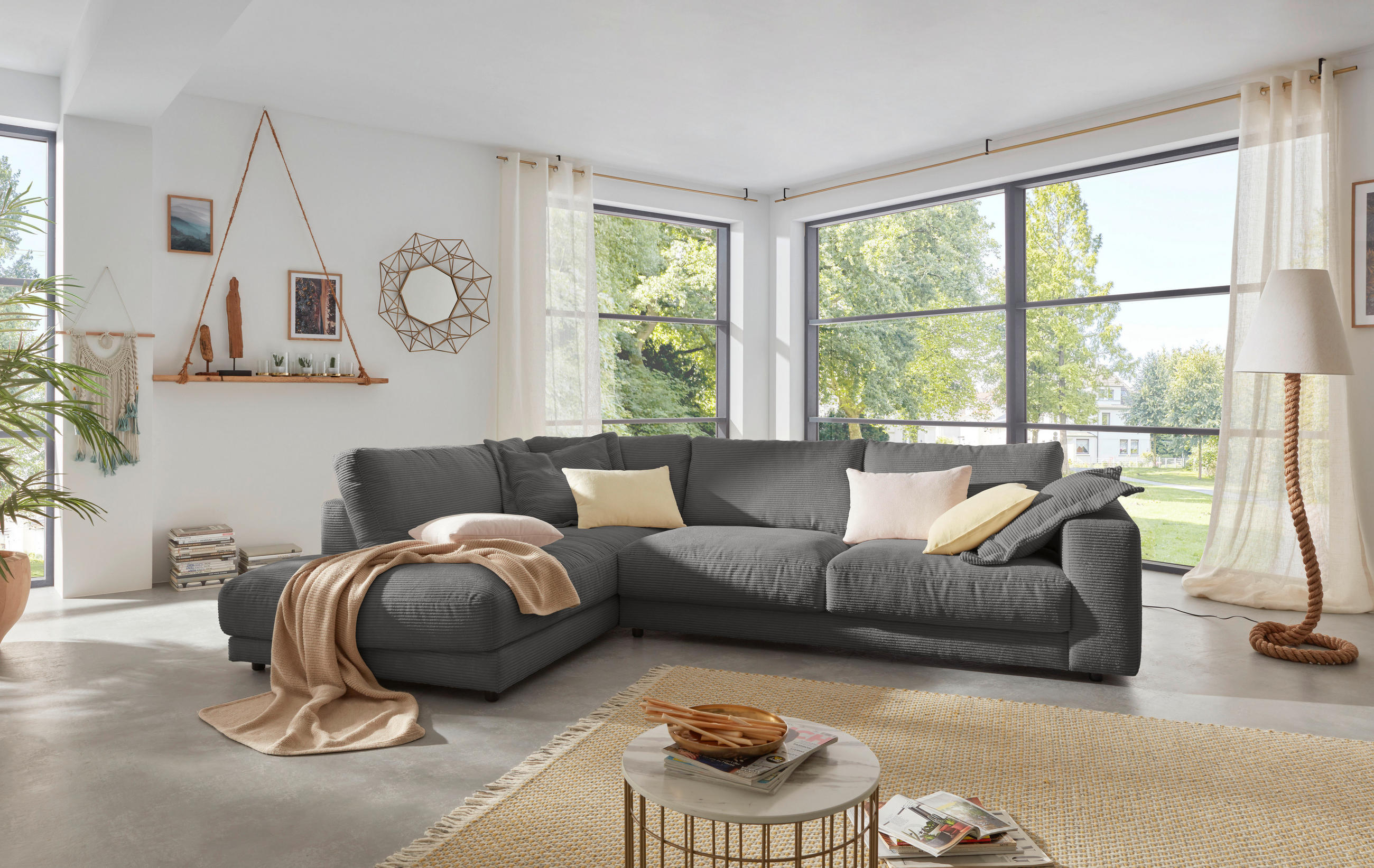 ECKSOFA Dunkelgrau Cord - Dunkelgrau/Schwarz, Design, Kunststoff/Textil (224/325cm) - Hom`in