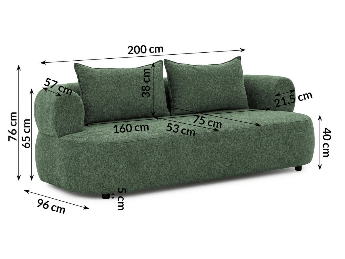 3-SITZER-SOFA Chenille Grün  - Schwarz/Grün, Design, Kunststoff/Textil (200/76/96cm) - Livetastic
