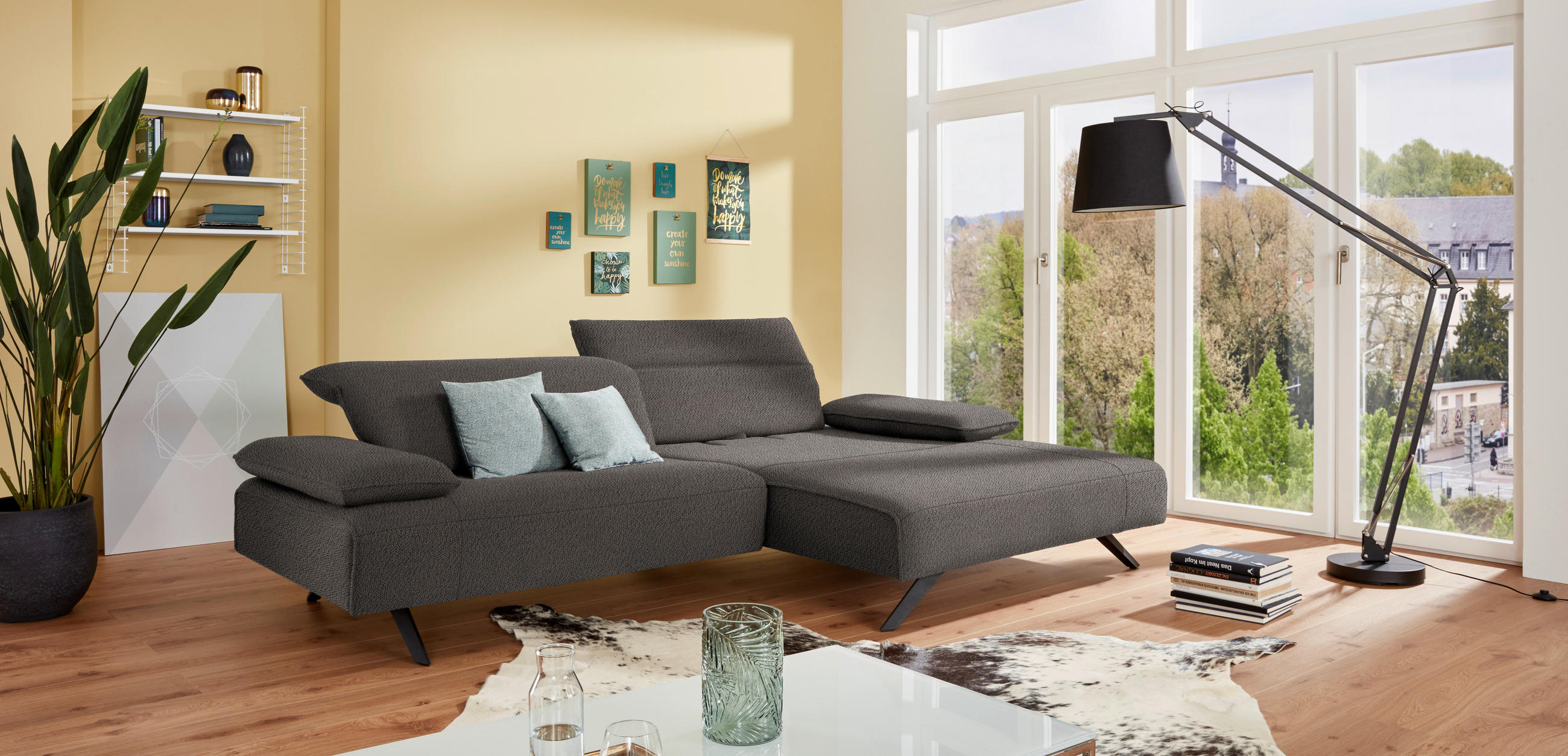 ECKSOFA in Flachgewebe Dunkelgrau  - Dunkelgrau/Anthrazit, Design, Textil/Metall (280/165cm) - Johann Jakob