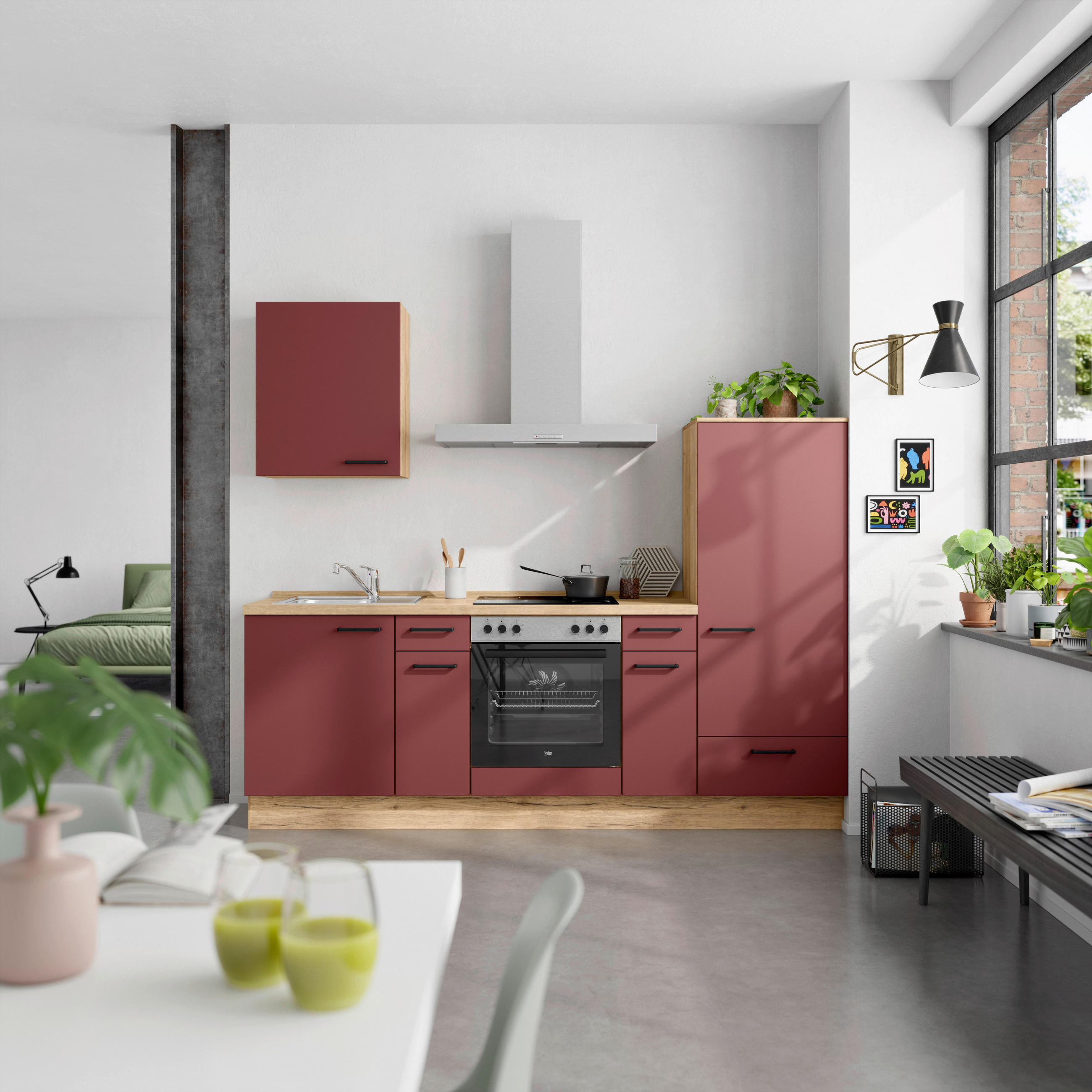 KÜCHENBLOCK 240 cm   in Eichefarben, Dunkelrot  - Eichefarben/Schwarz, MODERN, Holzwerkstoff/Metall (240cm) - Nobilia