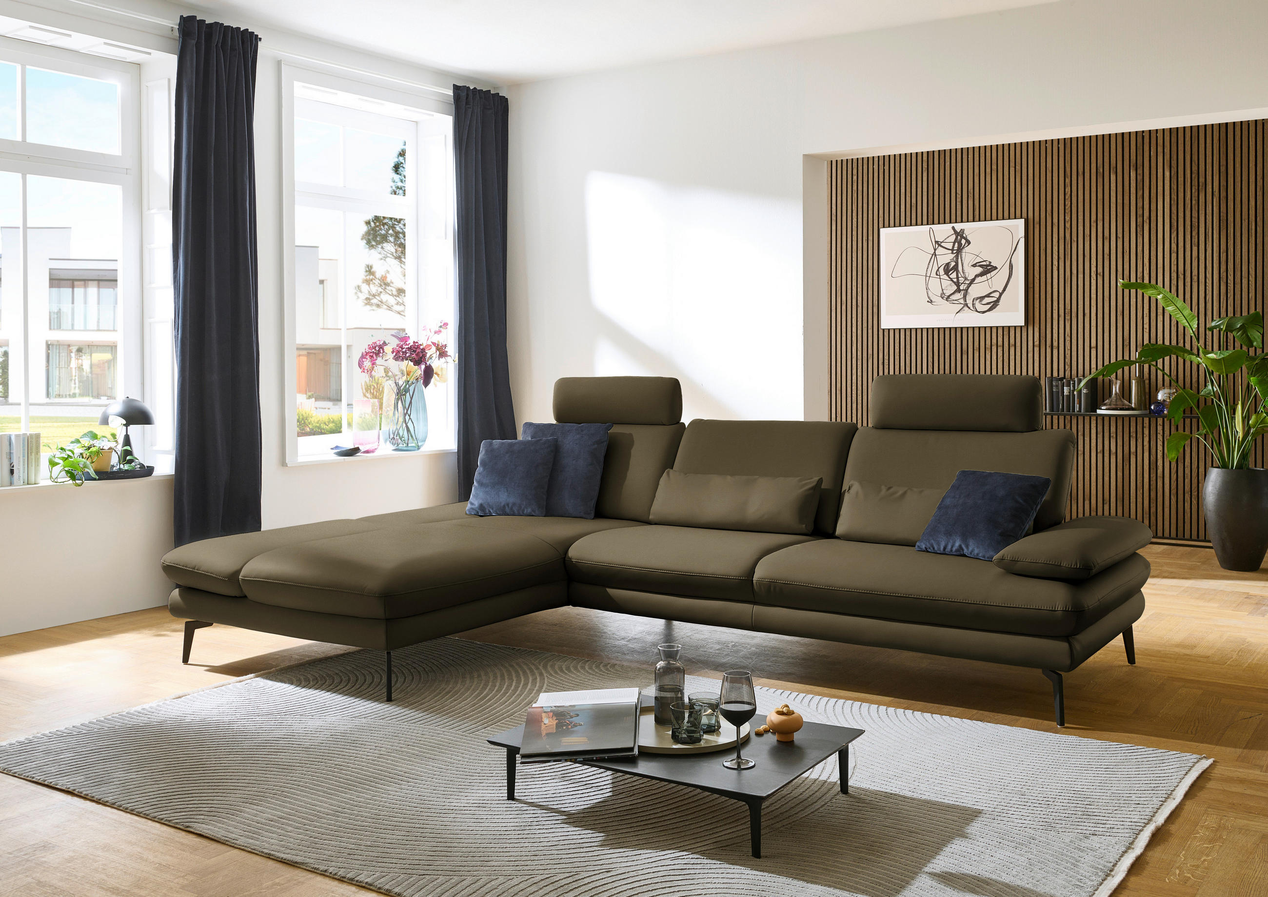 ECKSOFA in Echtleder Grün  195/308 cm  - Schwarz/Grün, Design, Leder/Metall (195/308cm) - Dieter Knoll