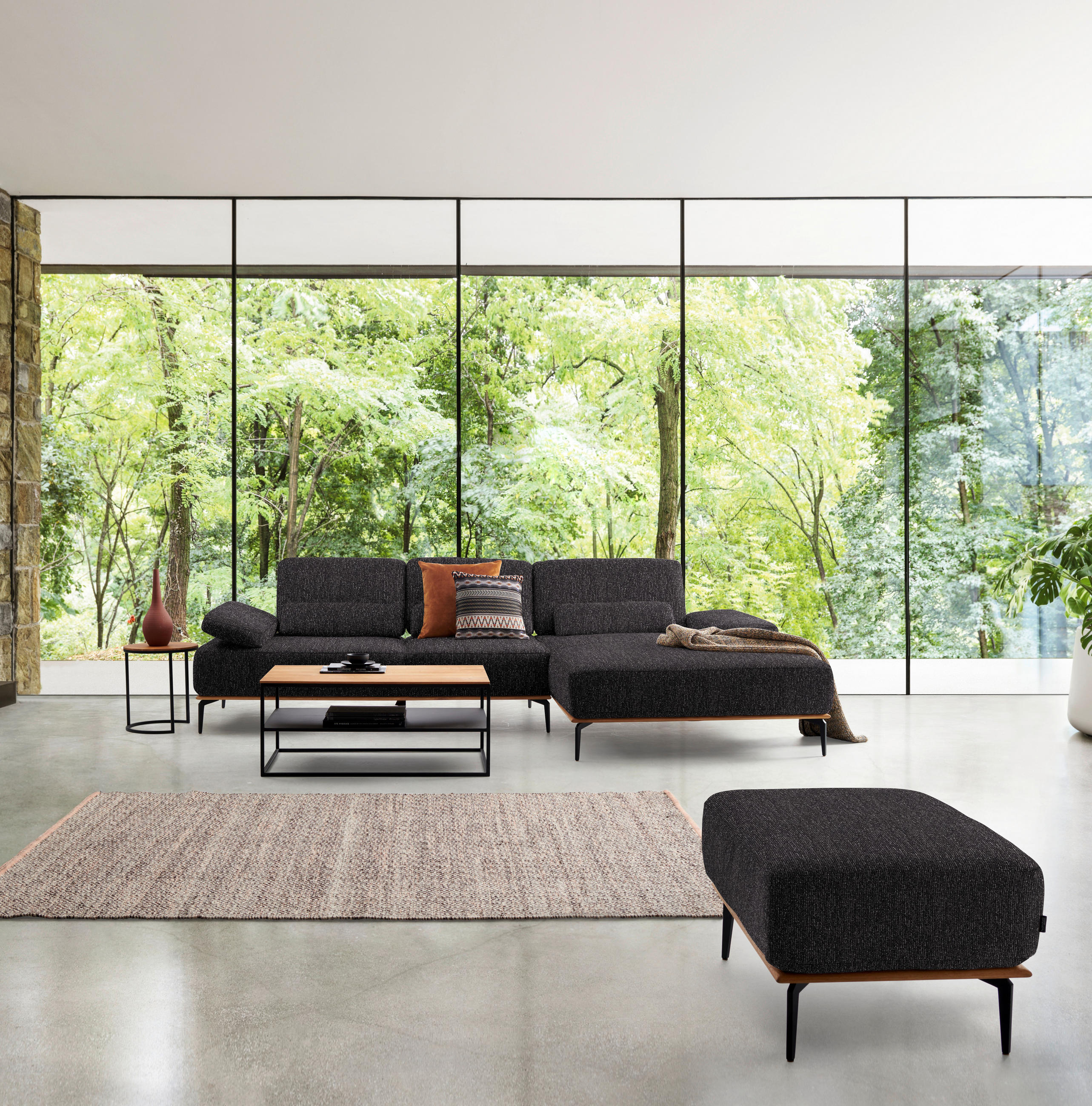 ECKSOFA in Flachgewebe Anthrazit  - Anthrazit/Schwarz, Natur, Holz/Textil (314/176cm) - Valnatura