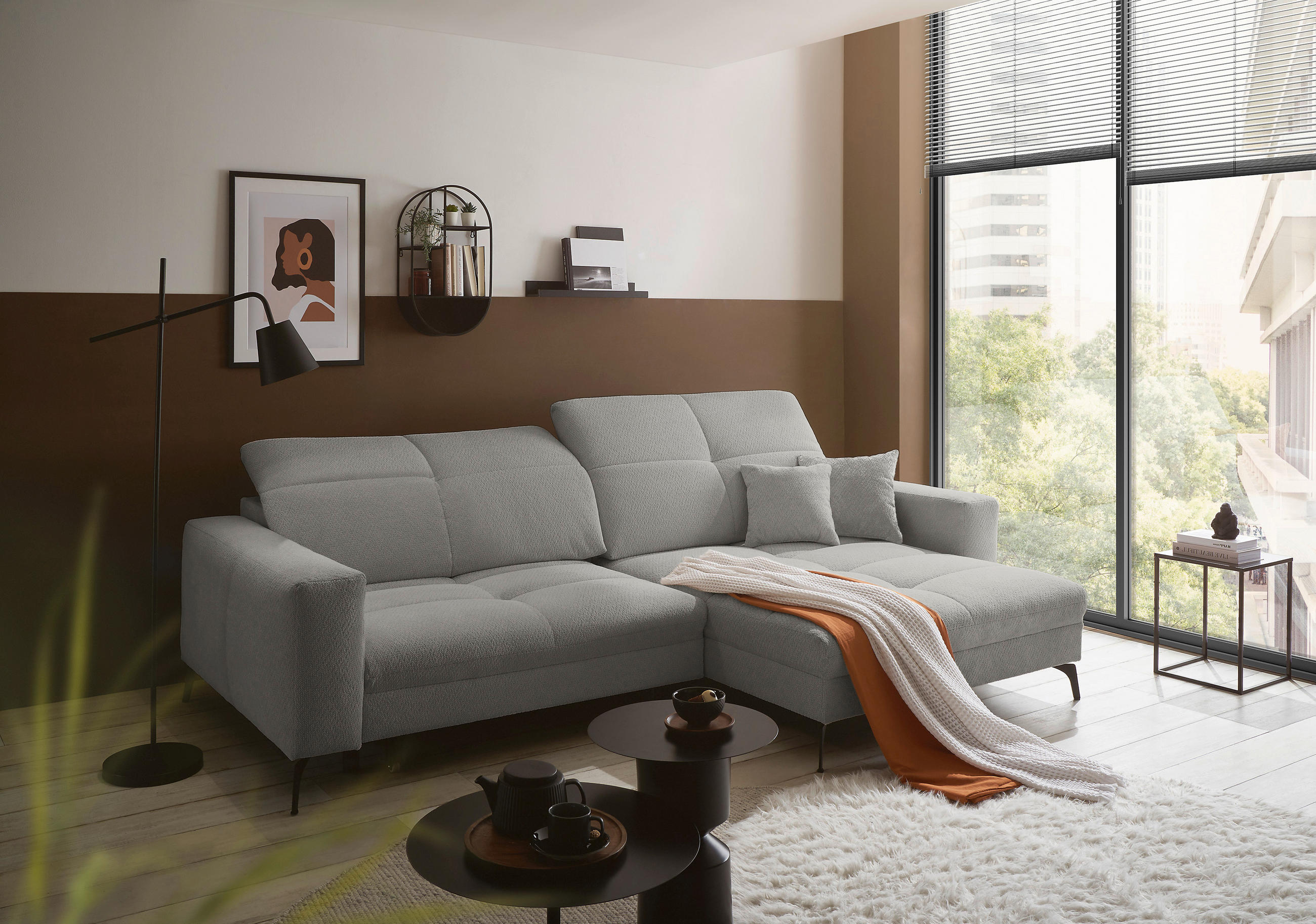 Thumbnail - SetOne by Musterring Ecksofa, Grau, Textil, 3-Sitzer, Ottomane rechts, L-Form, 285x180 cm, Stoffauswahl, seitenverkehrt ...