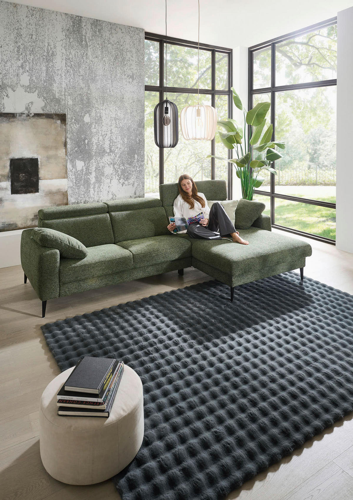 ECKSOFA Grün Chenille  - Schwarz/Grün, KONVENTIONELL, Textil/Metall (300/177cm) - Valdera