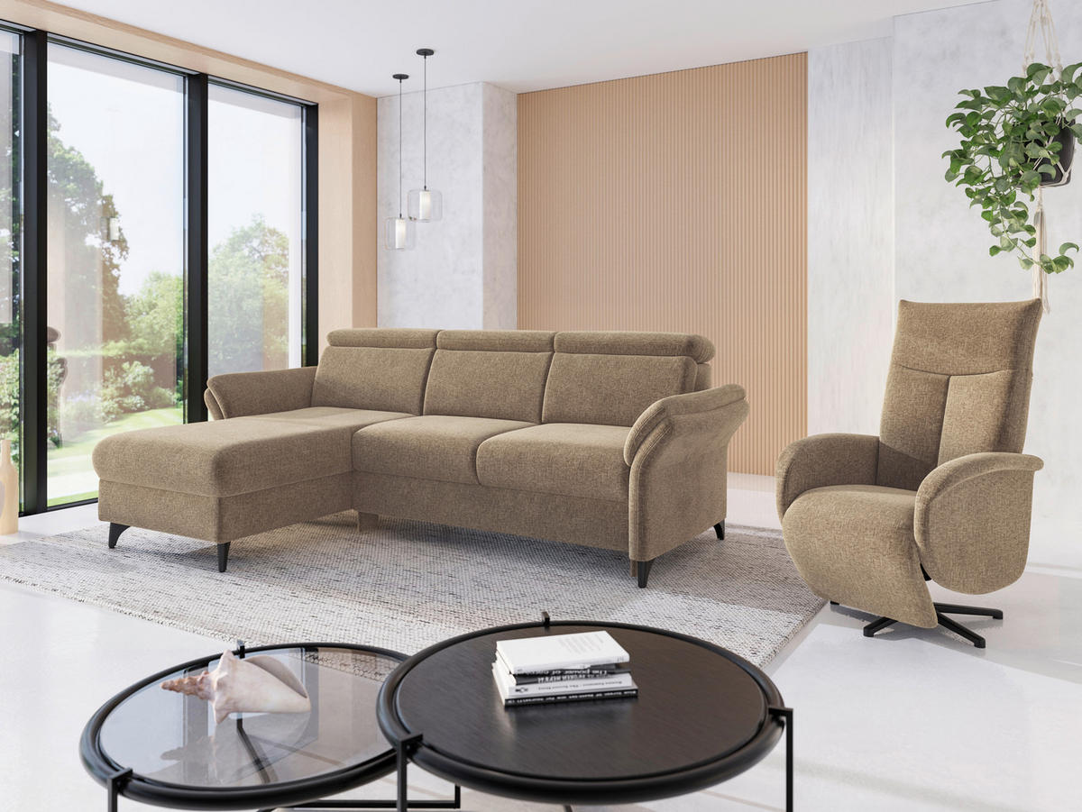 ECKSOFA Flachgewebe Hellbraun  - Hellbraun/Schwarz, Konventionell, Textil/Metall (166/253cm) - Sit & More