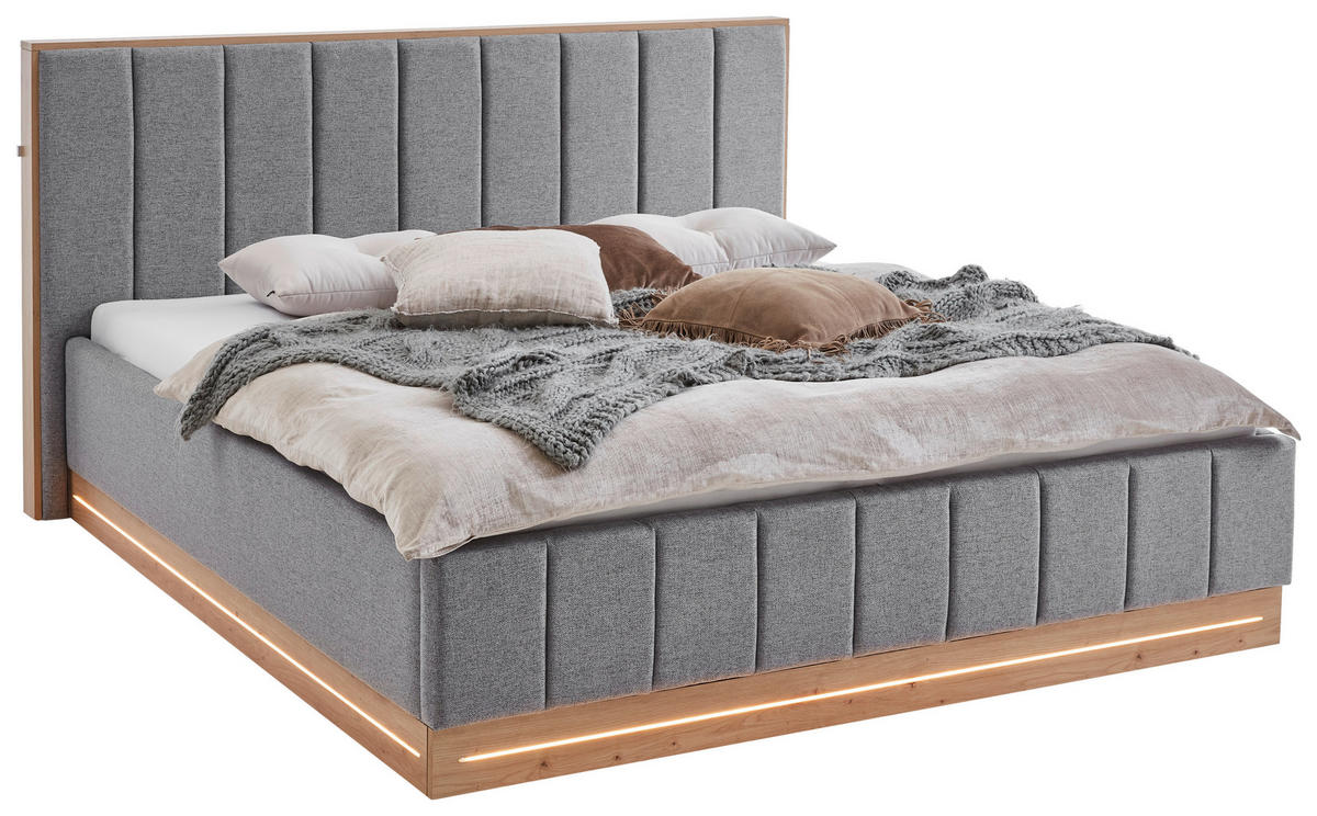 POLSTERBETT 180/200 cm,  in Grau, Beleuchtung,  - Eichefarben/Grau, Design, Holzwerkstoff/Textil (180/200cm) - Stylife