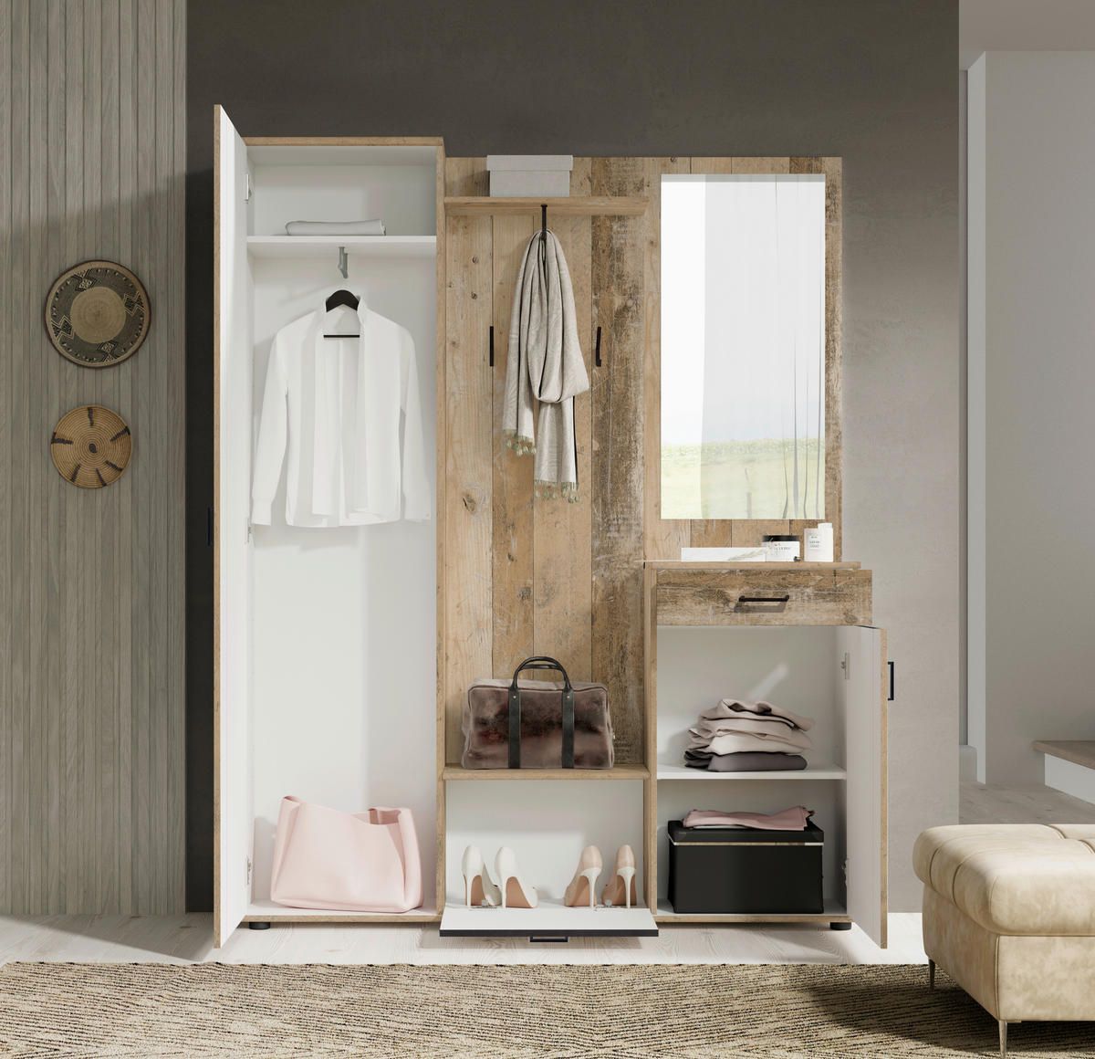 GARDEROBE 5-teilig  in 145/184/29 cm  - Weiss/Eiche Artisan, Design, Holzwerkstoff (145/184/29cm) - MID.YOU