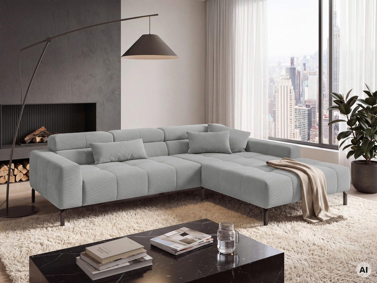 ECKSOFA Silberfarben Feincord Rücken echt, Kopfteilverstellung, Sitztiefenverstellung  - Silberfarben/Schwarz, KONVENTIONELL, Textil/Metall (293/226cm) - Hom`in