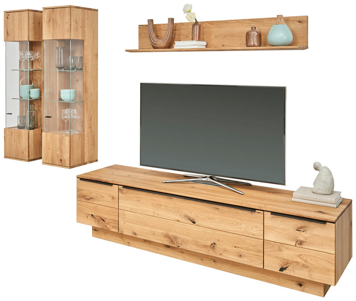 WOHNWAND  in Eichefarben 320/200,8/53,7 cm  - Eichefarben/Schwarz, Natur, Glas/Holz (320/200,8/53,7cm) - Valnatura