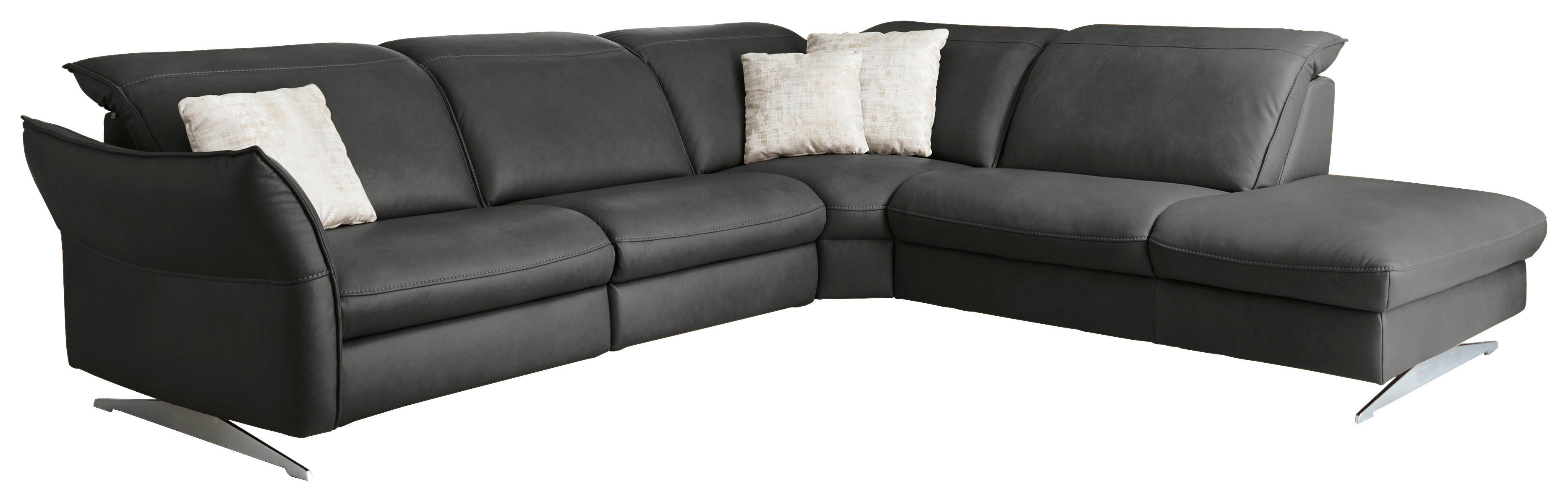ECKSOFA in Echtleder Schwarz  292/258 cm  - Edelstahlfarben/Schwarz, Design, Leder/Metall (292/258cm) - Hukla