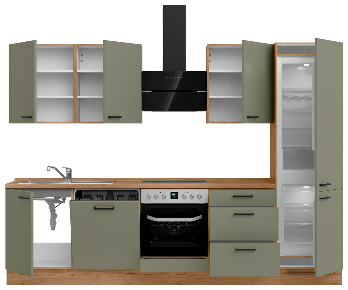KÜCHENBLOCK Senso 300 cm  in Eichefarben, Olivgrün  - Eichefarben/Schwarz, MODERN, Holzwerkstoff/Metall (300cm) - Nobilia