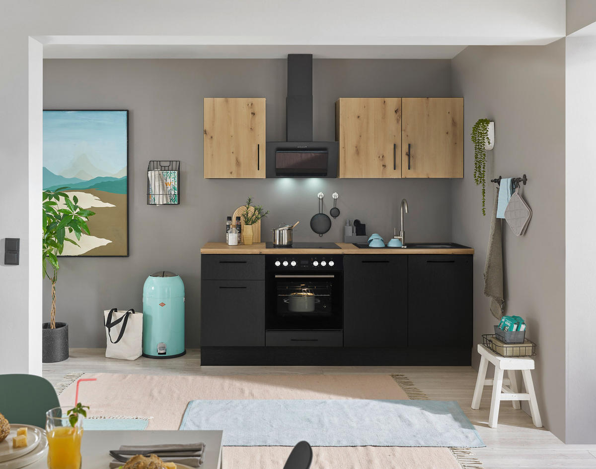 KÜCHENBLOCK 210 cm   in Schwarz, Eiche Artisan  - Schwarz/Eiche Artisan, Basics, Holzwerkstoff/Metall (210cm) - MID.YOU