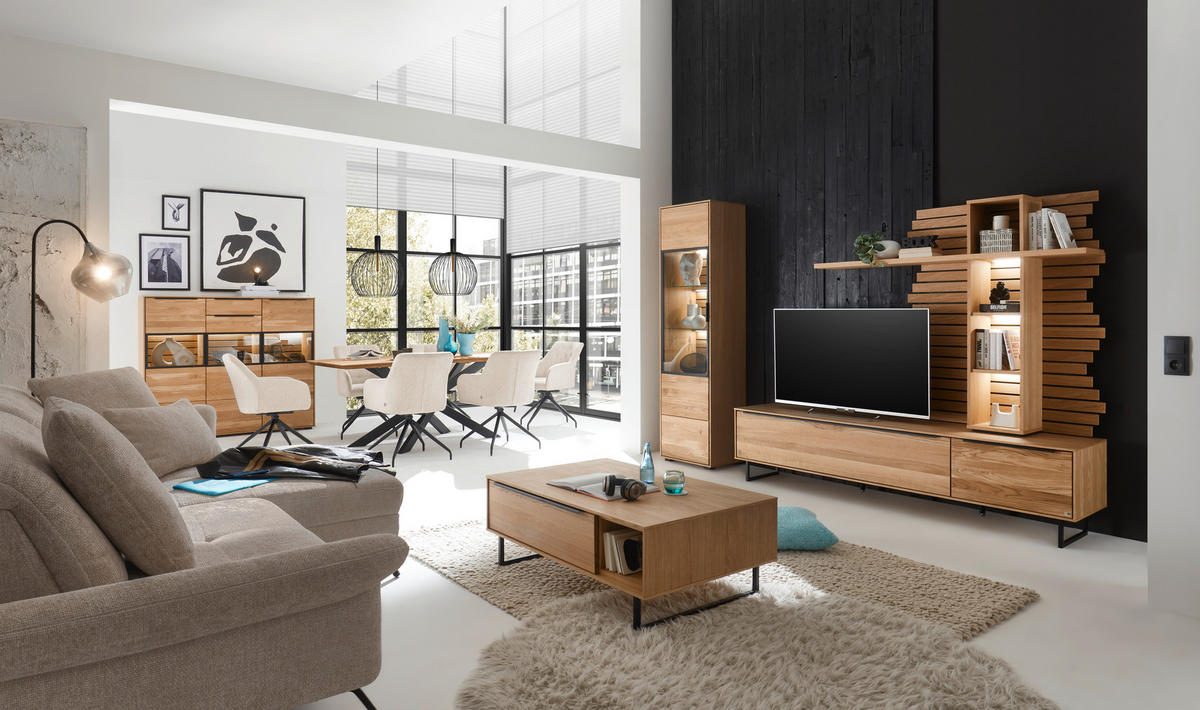 WOHNWAND  in Schwarz, Eichefarben  260/198/40 cm  - Eichefarben/Schwarz, Trend, Glas/Holz (260/198/40cm) - SetOne by Musterring