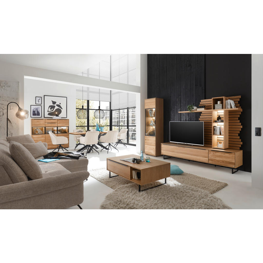 Thumbnail - SetOne by Musterring Wohnwand, Schwarz, Eiche, Metall, Eiche, furniert, massiv, 2x Holz 2x Glas Fächer, 2 Schubladen, 26...
