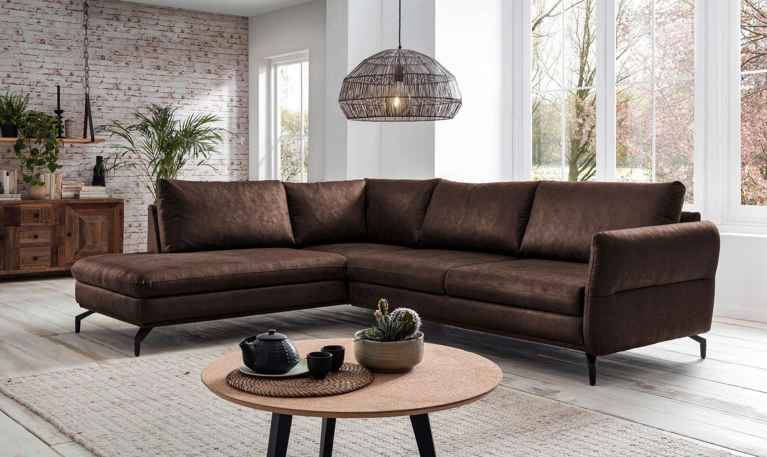 ECKSOFA Braun Lederlook  - Schwarz/Braun, Design, Textil/Metall (273/218cm) - Livetastic