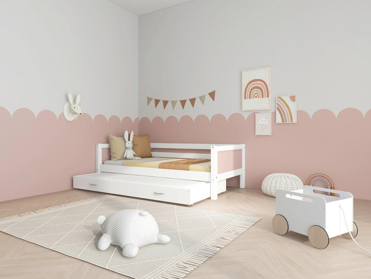 AUSZIEHBETT 90/200 cm,  in Rosa, Weiß, Bettschubladen, Rollrost für Zusatzbett, Rollrost für Hauptbett  - Rosa/Weiß, MODERN, Holz (90/200cm) - Chameo