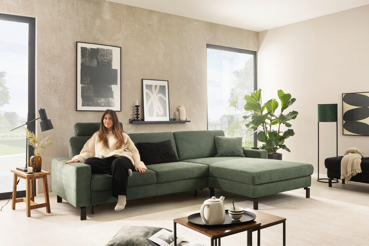 ECKSOFA in Cord Olivgrün  - Schwarz/Olivgrün, Design, Textil/Metall (298/185cm) - Pure Home Lifestyle