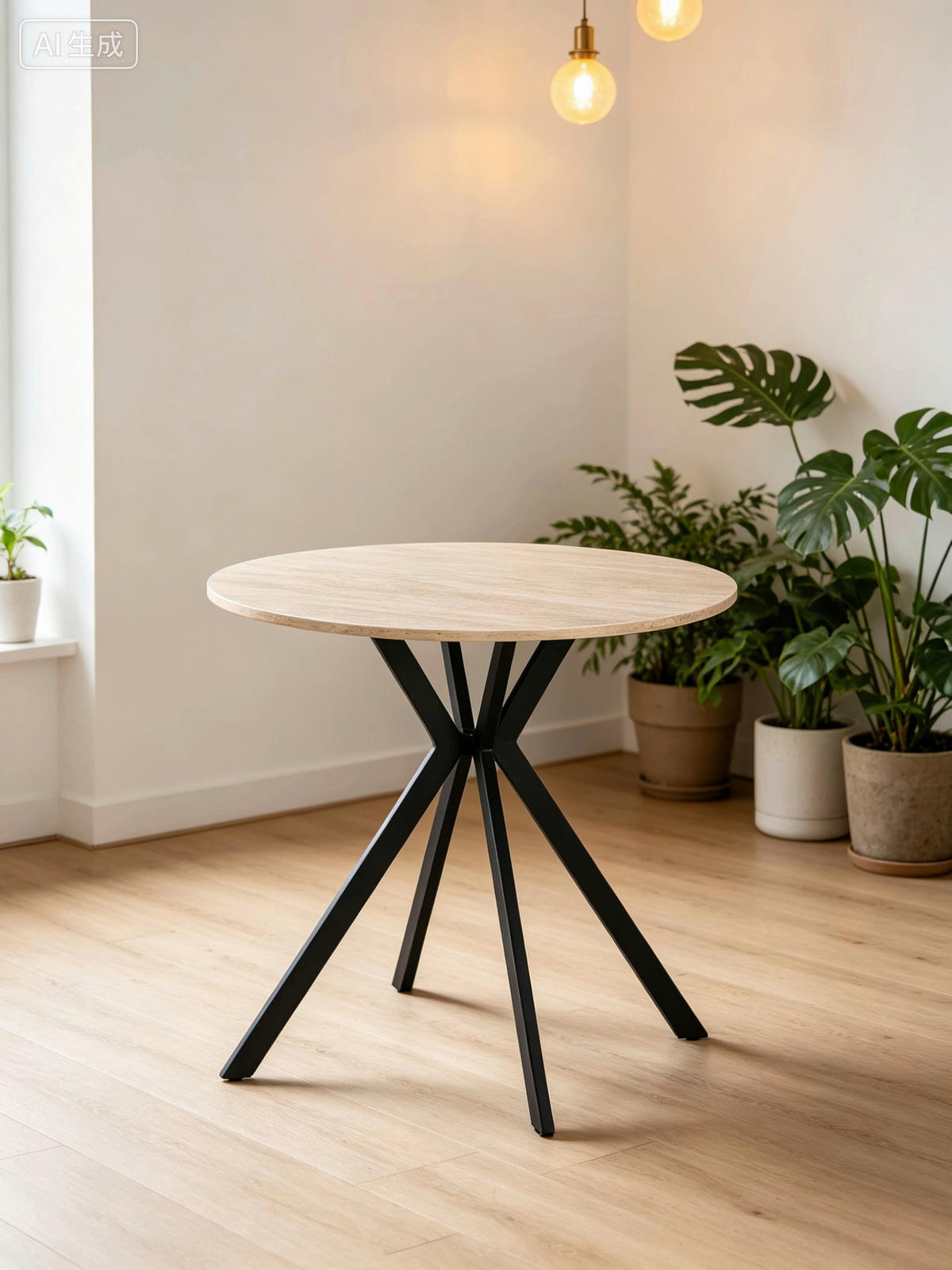 ESSTISCH 80/80/76 cm Nachbildung  Metall, Holzwerkstoff rund Schwarz, Beige  - Beige/Schwarz, Design, Holzwerkstoff/Metall (80/80/76cm) - Milino