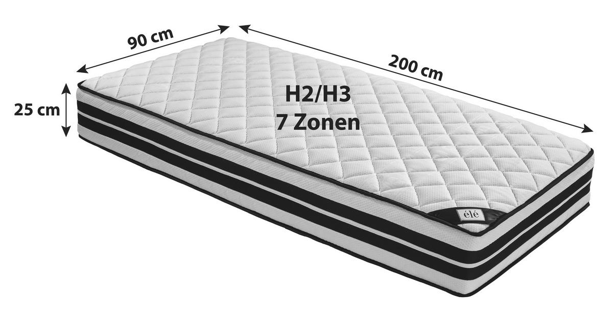 TASCHENFEDERKERNMATRATZE 90/200 cm, Höhe ca.: 25 cm, Wendematratze mit unterschiedlichen Härtegraden, H2 + H3 = mittel + fest, 7-Zonen - Weiß, Textil (90/200cm) - Ele