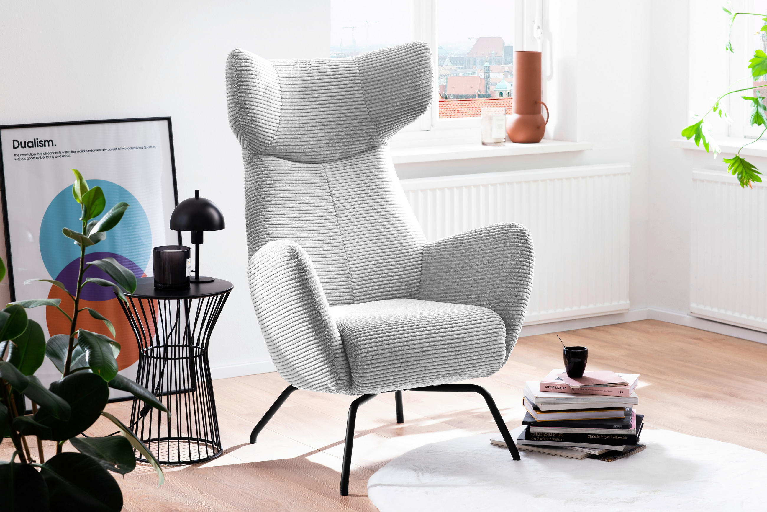 OHRENSESSEL in Cord Grau  - Schwarz/Grau, Design, Textil/Metall (79/117/82cm) - Lomoco