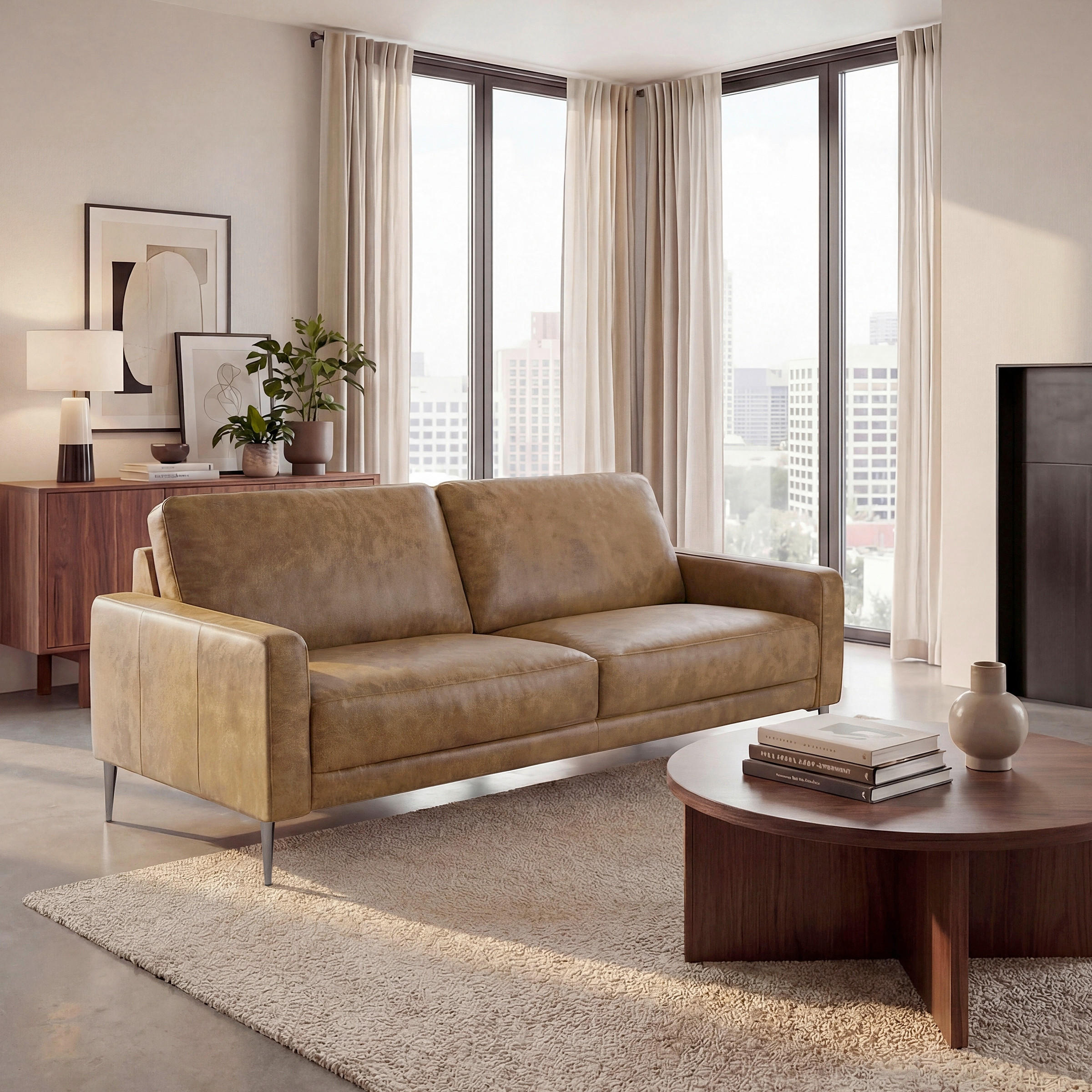2-SITZER-SOFA SPRING in Lederlook Echtleder Hellbraun  - Hellbraun/Schwarzchrom, Design, Leder/Textil (157/85/92cm) - Livetastic