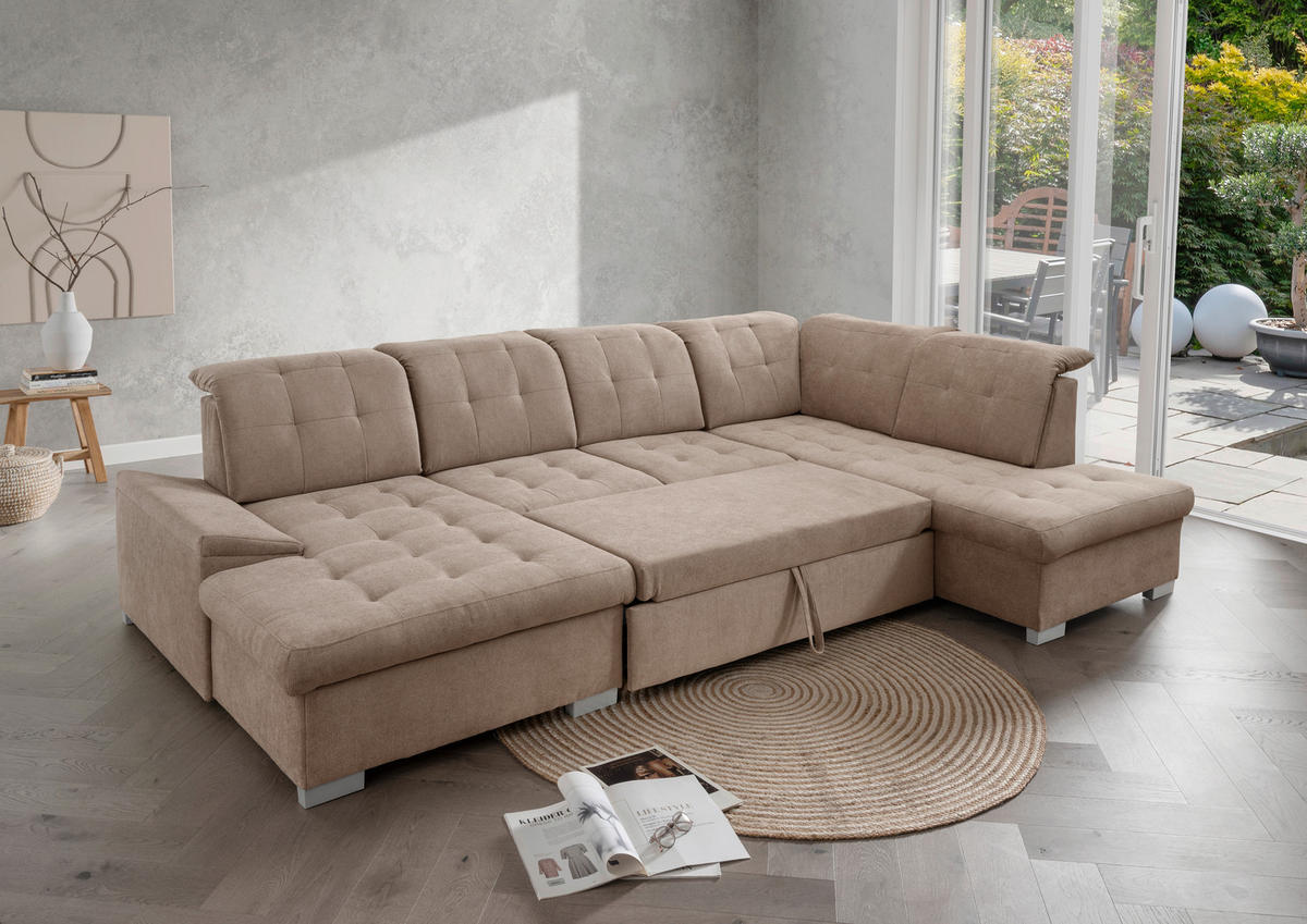 WOHNLANDSCHAFT in Mikrofaser Hellbraun  - Chromfarben/Hellbraun, Modern, Kunststoff/Textil (169/330/212cm) - Livetastic