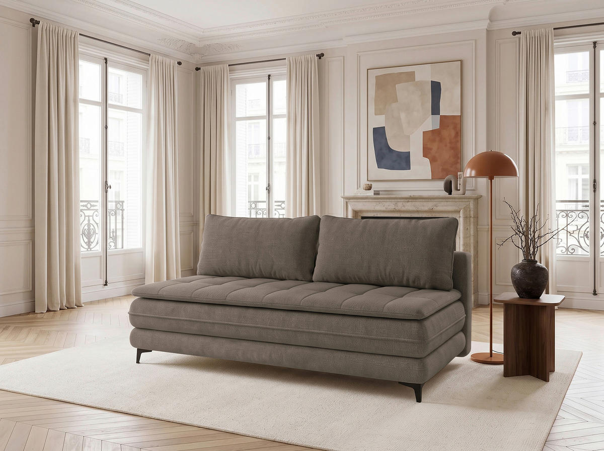 SCHLAFSOFA Chenille Taupe  inkl. Bettkasten, Schlaffunktion, Topper  - Taupe/Schwarz, Design, Textil/Metall (200/95/92cm) - Stylife