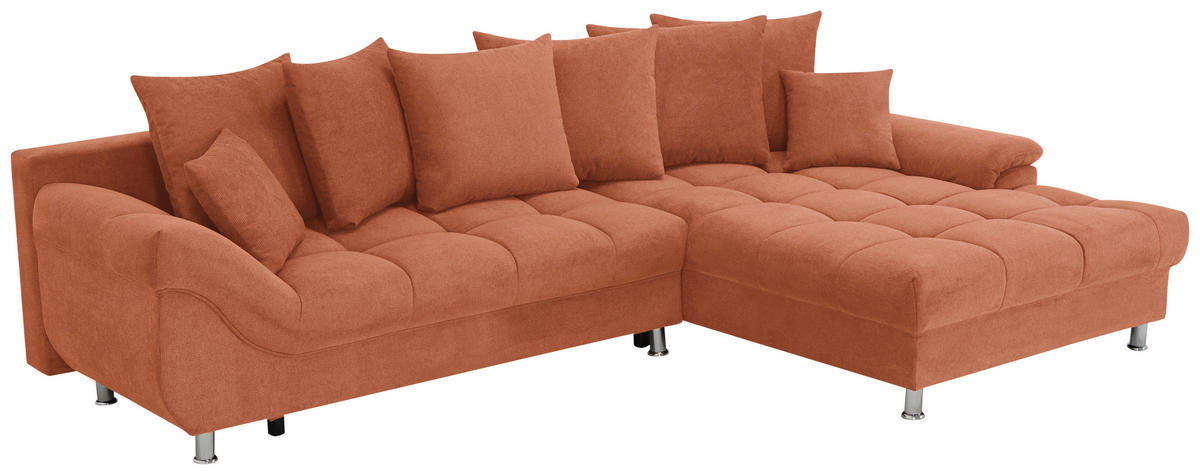 ECKSOFA in Flachgewebe, Mikrofaser Cognac  - Chromfarben/Cognac, Design, Kunststoff/Textil (312/198cm) - Livetastic