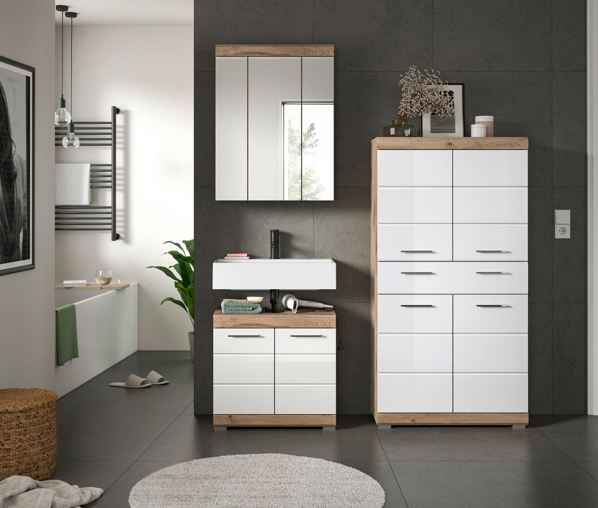 KOPALNICA  barve hrasta, bela, visoki sijaj  - barve kroma/srebrne barve, Moderno, umetna masa/steklo (134cm) - MID.YOU