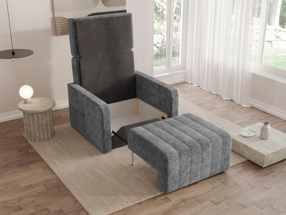SCHLAFSESSEL Chenille Dunkelgrau Liegefunktion Rücken echt  inkl.  - Dunkelgrau/Schwarz, MODERN, Kunststoff/Textil (101/87/101cm) - Milino