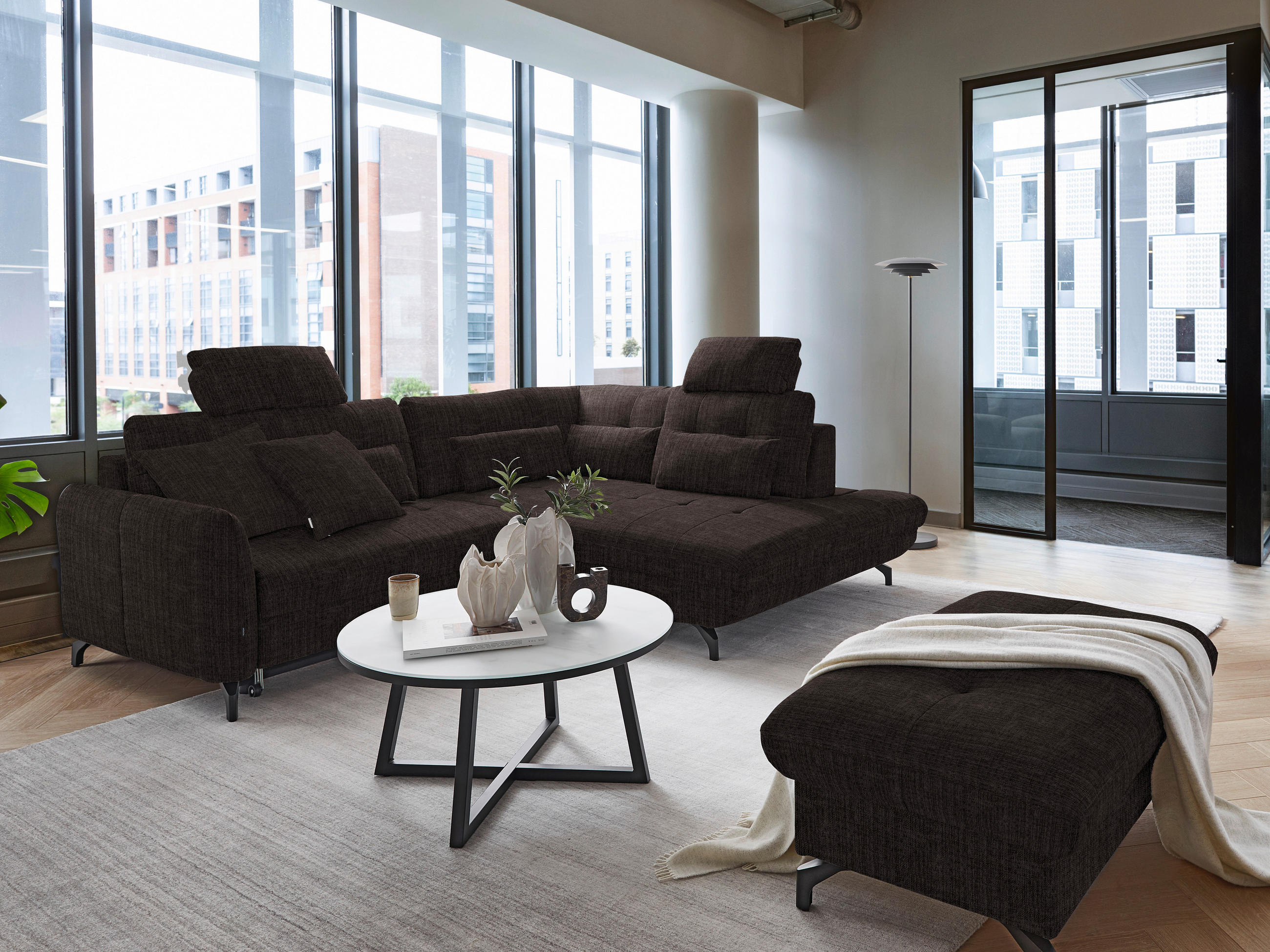 ECKSOFA Dunkelbraun Flachgewebe, Leinenoptik  - Dunkelbraun/Schwarz, MODERN, Textil/Metall (247/208cm) - Xora