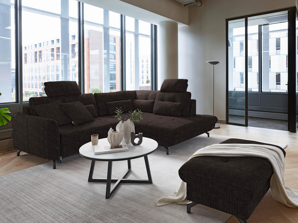 ECKSOFA in Flachgewebe, Leinenoptik Dunkelbraun  247/208 cm  - Dunkelbraun/Schwarz, MODERN, Textil/Metall (247/208cm) - Xora