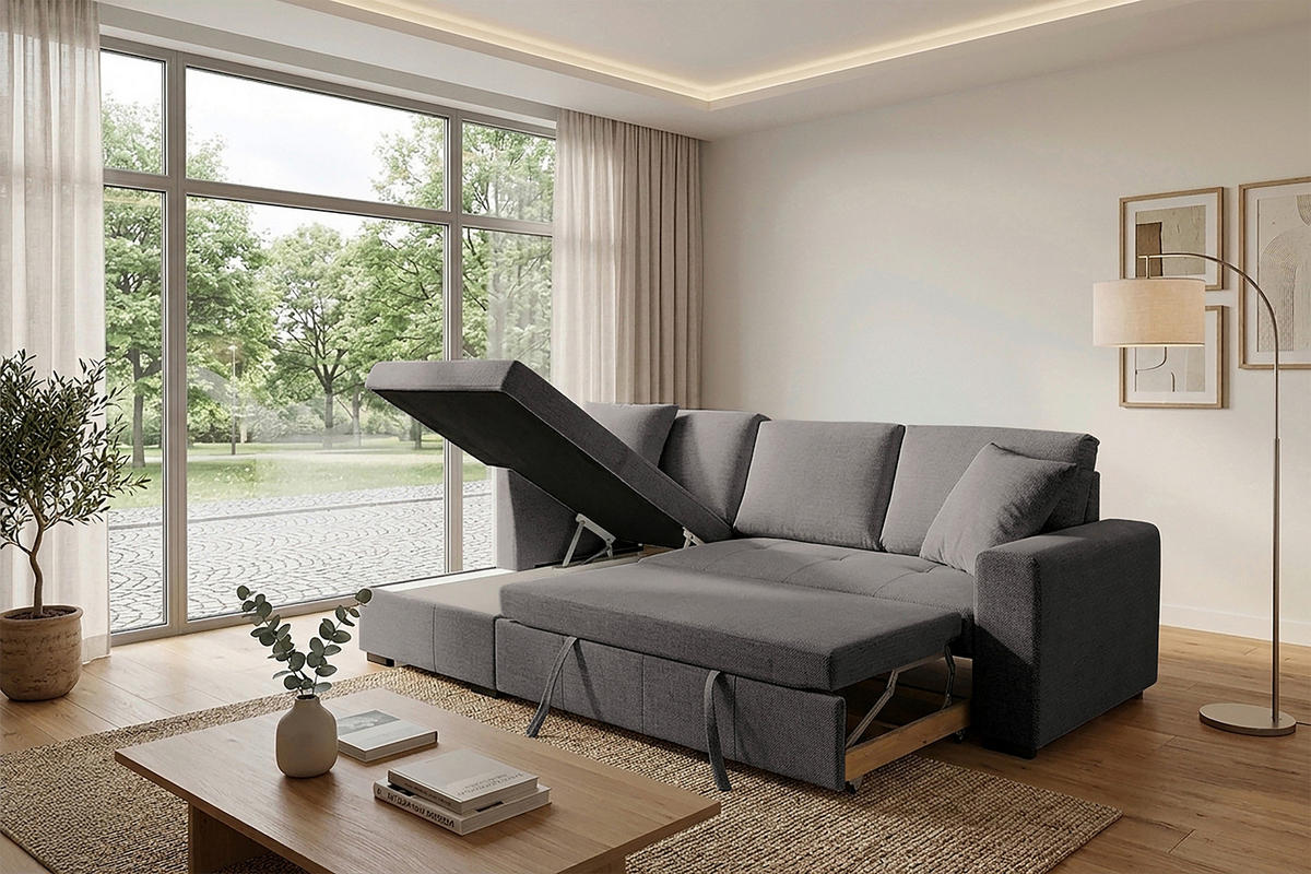 ECKSOFA LUKAS Dunkelgrau Struktur Zierkissen, Bettkasten  - Dunkelgrau, Trend, Textil (158/239cm) - P & B