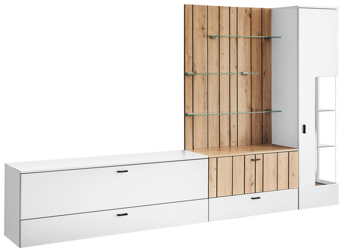 WOHNWAND  Weiss, Eiche Artisan 285,1/176,8/50,1 cm  - Weiss/Schwarz, Design, Glas/Holzwerkstoff (285,1/176,8/50,1cm) - Stylife