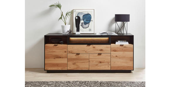 SIDEBOARD Eiche furniert Schwarz, Eichefarben Beleuchtung, Einlegeböden  - Eichefarben/Schwarz, MODERN, Holz/Holzwerkstoff (200/86/42cm) - Novel