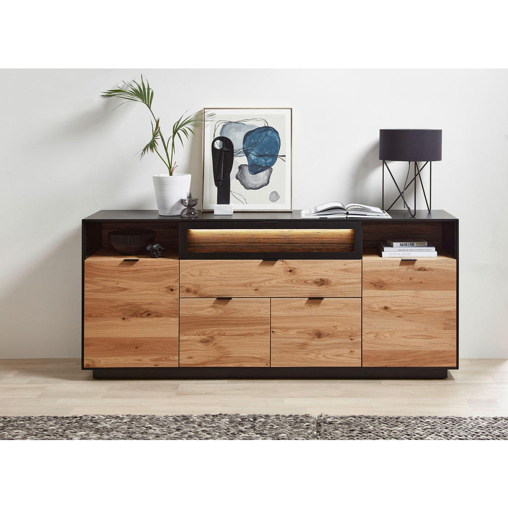 Thumbnail - Novel Sideboard, Schwarz, Eiche, Metall, Eiche, furniert, 2 Fächer, 2 Schubladen, 200x86x42 cm, Beimöbel erhältlich, Hol...
