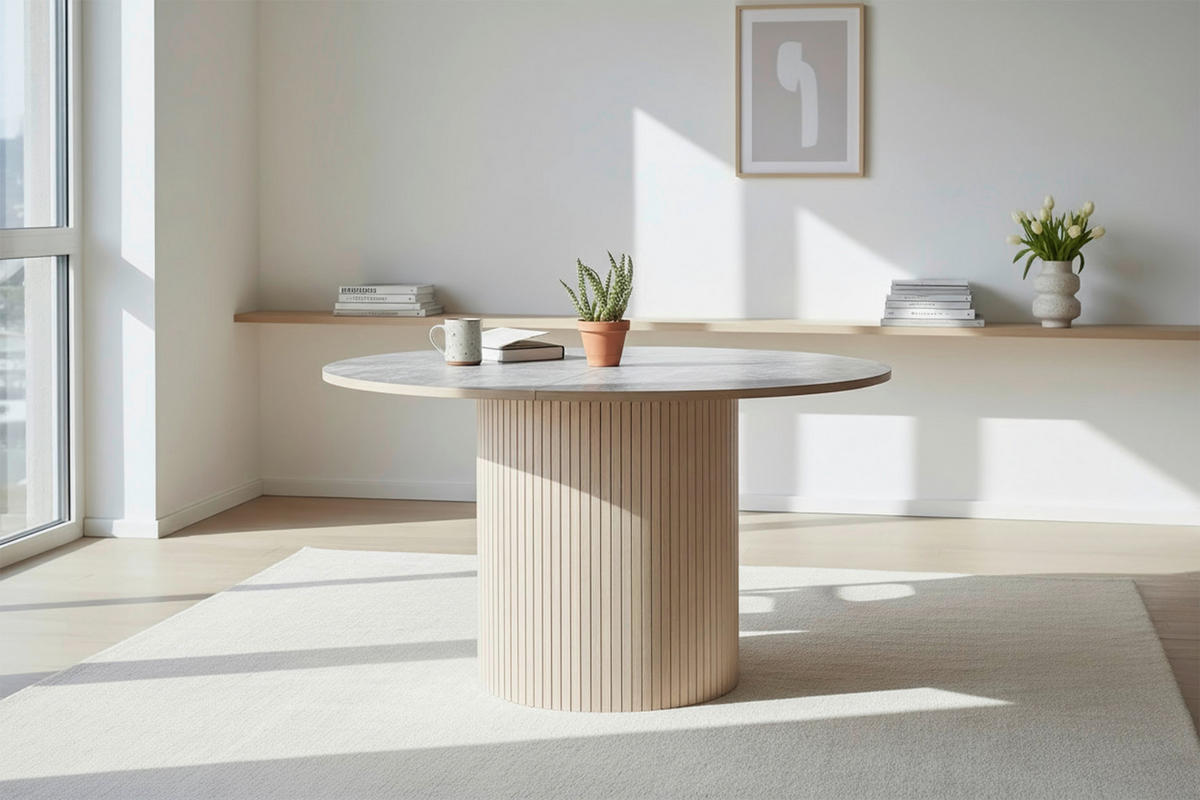 MATBORD 130-180/130/75 cm imitation, delar i massivt trä  trä finns i olika trädekorer rund ljusgrå, ek Bianco  - ek Bianco/ljusgrå, Modern, trä (130-180/130/75cm) - Niels Andersson