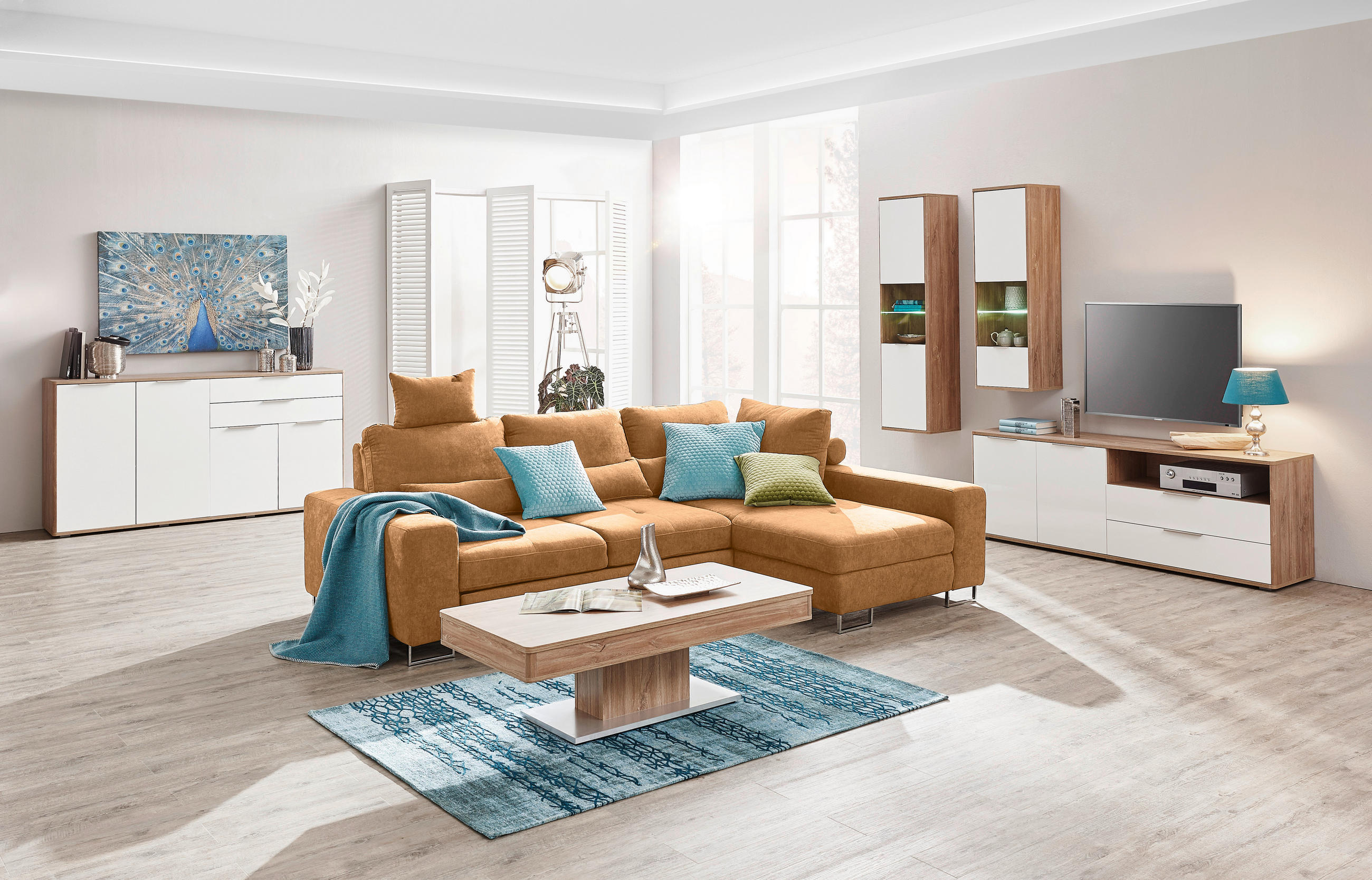 Thumbnail - Hom`in Wohnlandschaft, Orange, Textil, 4-Sitzer, Füllung: Schaumstoff, Ottomane rechts, 260x188 cm, Stoffauswahl, seiten...