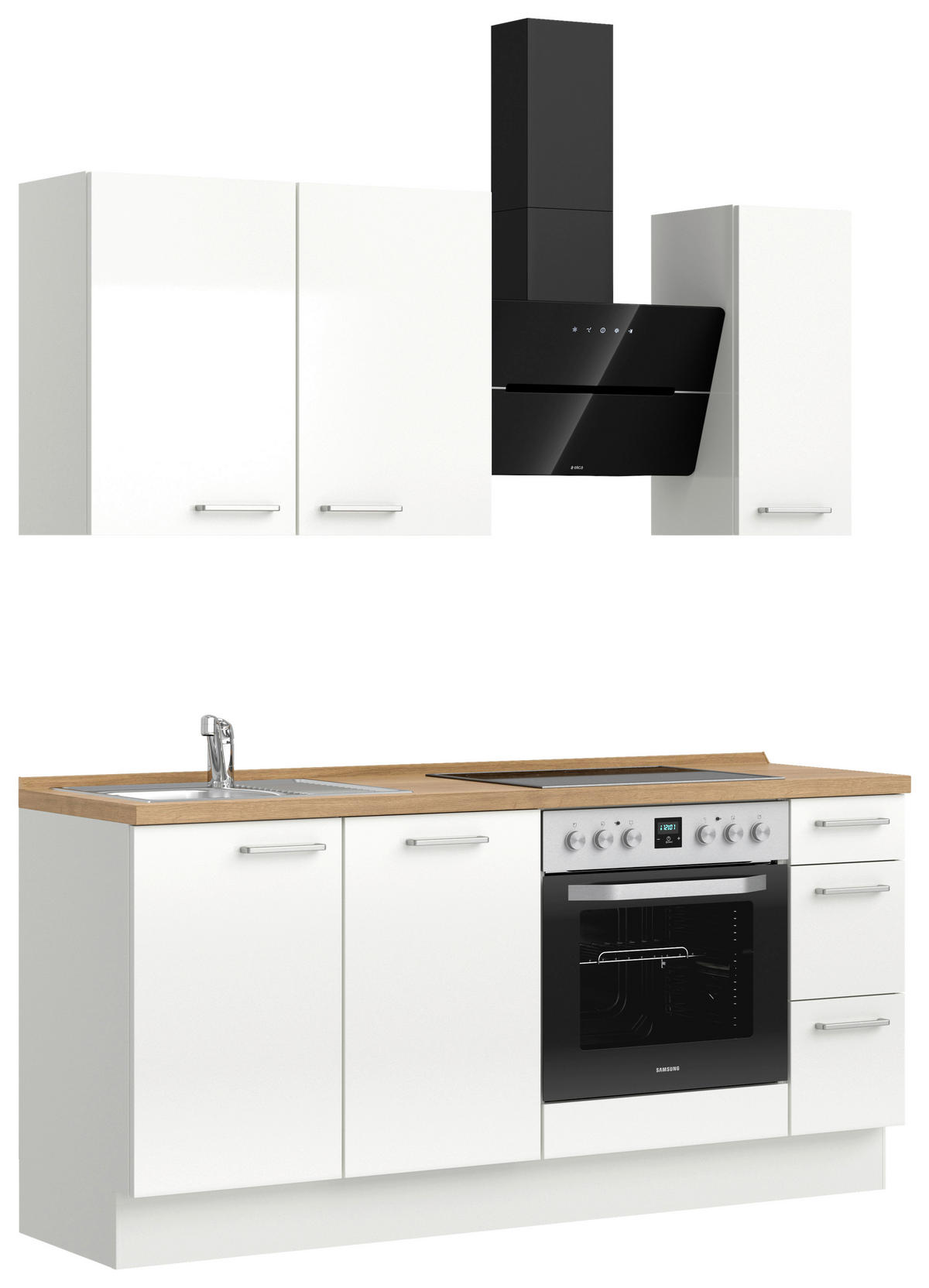 KÜCHENBLOCK 180 cm   in Eichefarben, Weiß Hochglanz  - Edelstahlfarben/Eichefarben, MODERN, Holzwerkstoff/Metall (180cm) - Nobilia