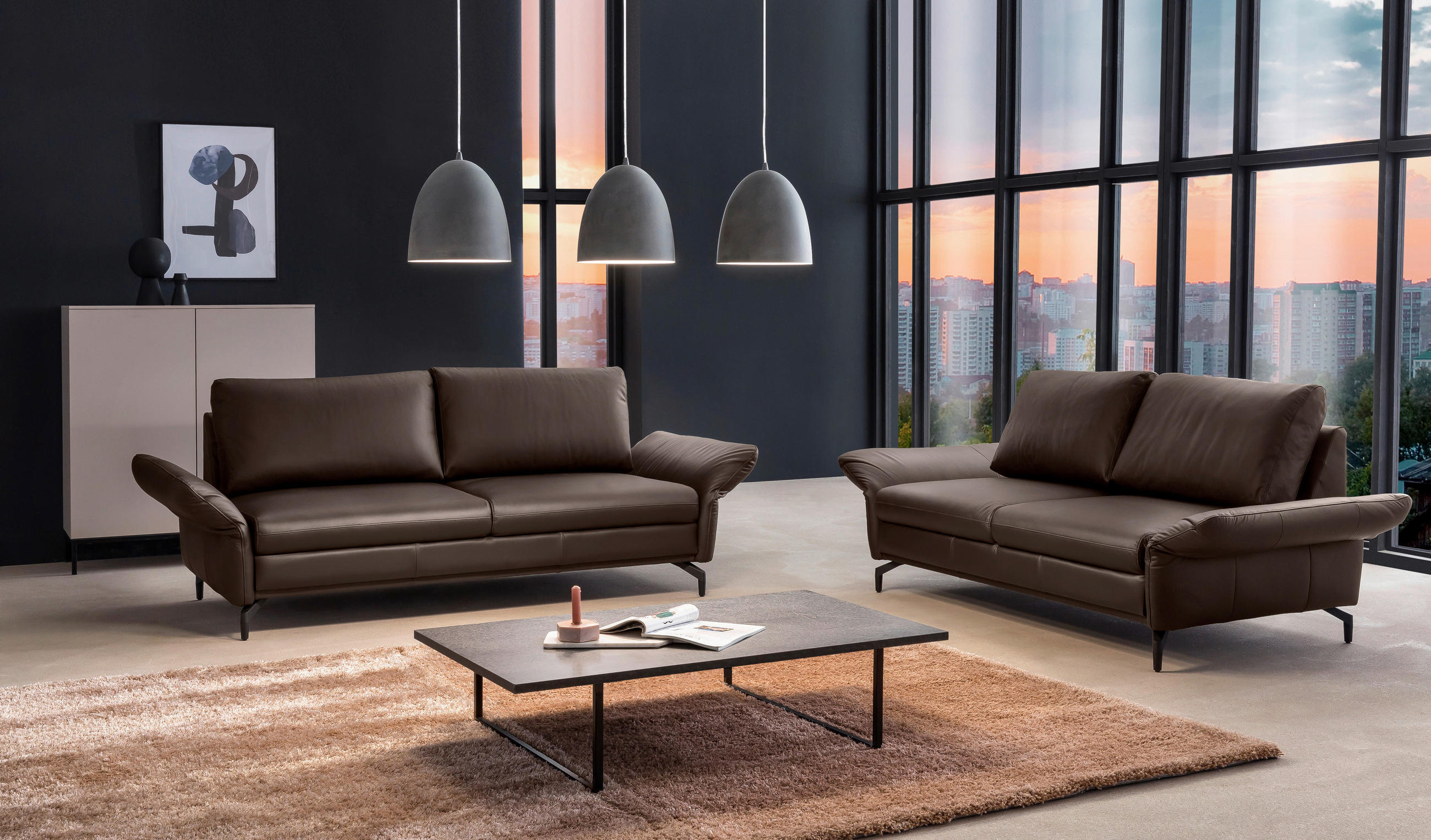 3-SITZER-SOFA Lederlook Braun  - Schwarz/Braun, Design, Textil/Metall (173/85/93cm) - Livetastic