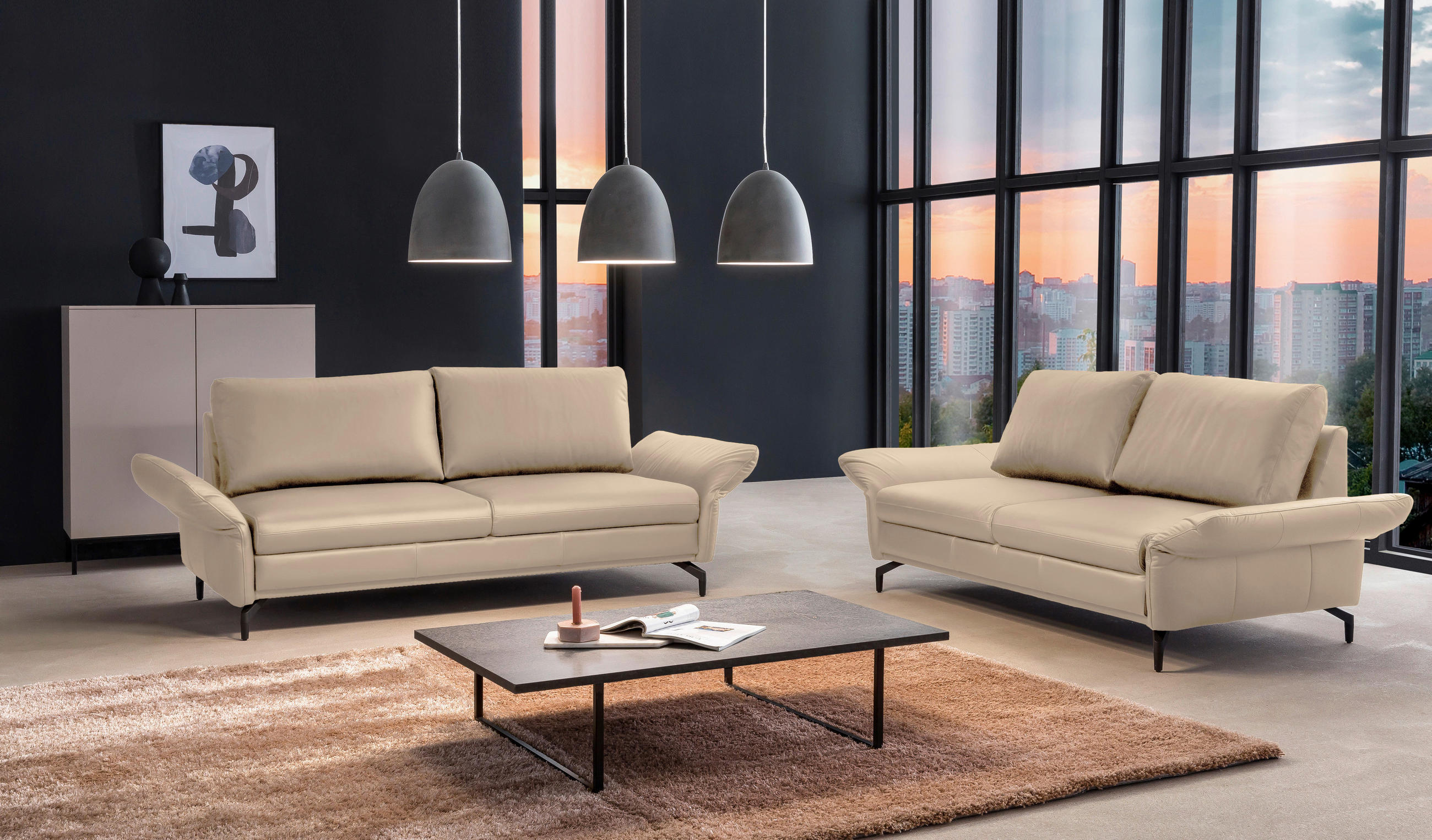 3-SITZER-SOFA Lederlook Creme  - Creme/Schwarz, Design, Textil/Metall (173/85/93cm) - Livetastic