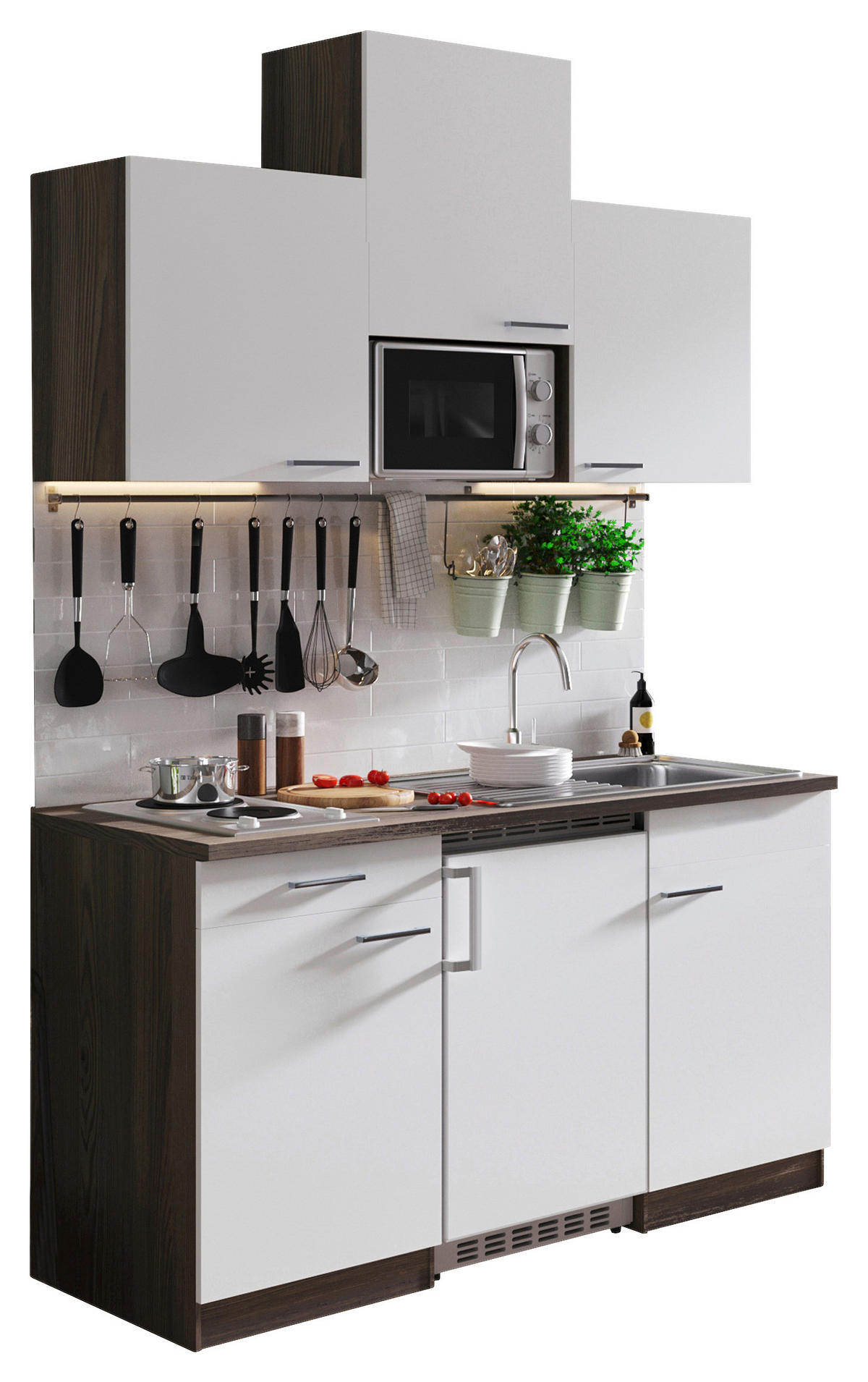 MINIKÜCHE 150 cm   in Weiß  - Eichefarben/Alufarben, Basics, Holzwerkstoff/Kunststoff (150cm) - Respekta