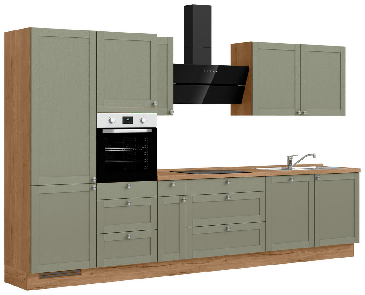 KÜCHENBLOCK Frame 360 cm  in Eichefarben, Olivgrün  - Edelstahlfarben/Eichefarben, MODERN, Holzwerkstoff/Metall (360cm) - Nobilia