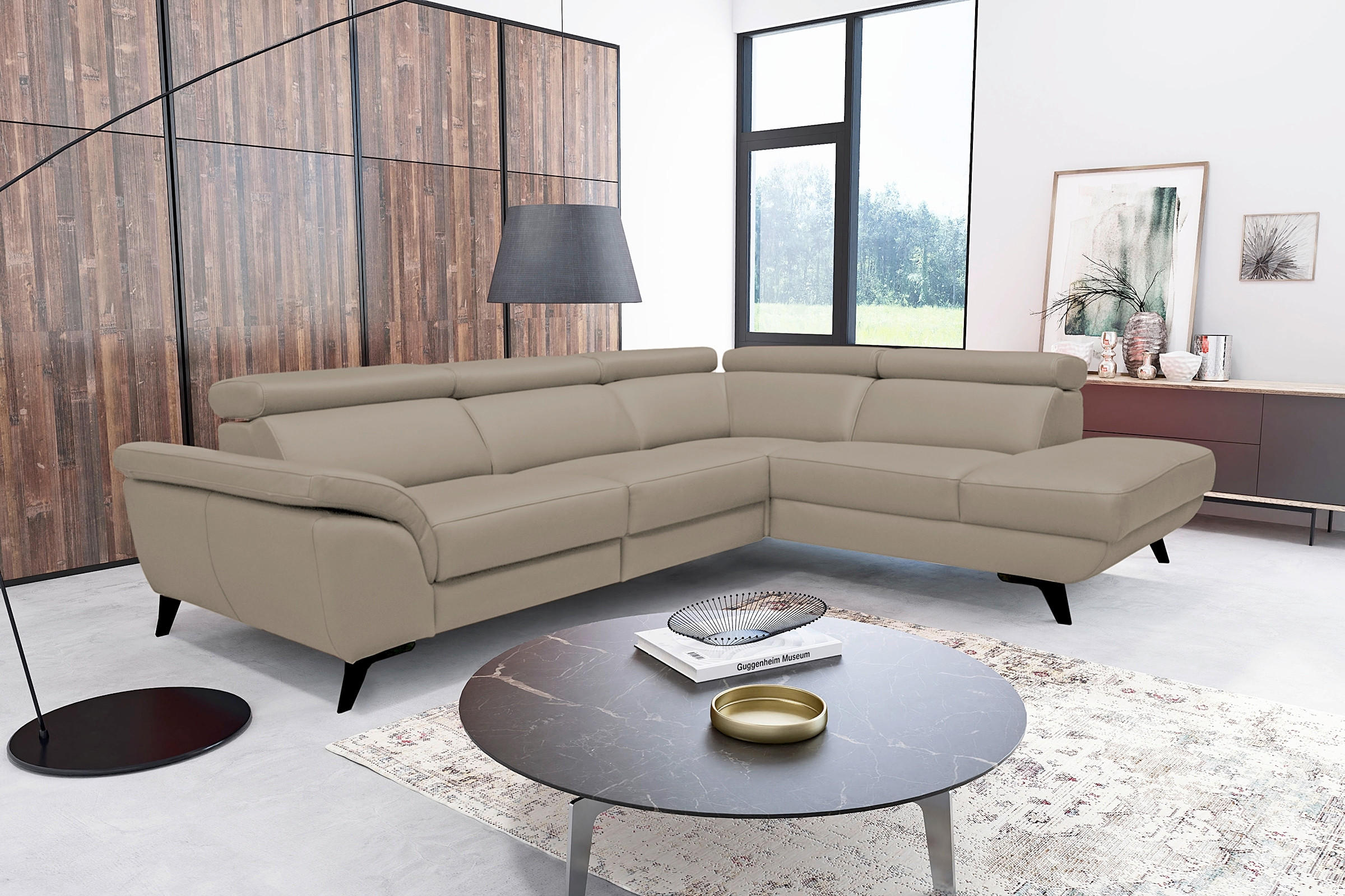 ECKSOFA DALLAS in Echtleder Taupe  228/283 cm  - Taupe/Schwarz, Design, Leder/Metall (228/283cm) - Livetastic