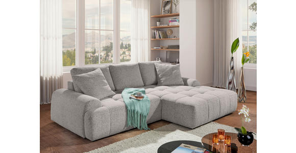Ecksofa mit Funktion Grau Flachgewebe Zierkissen, Rückenkissen, Bettkasten, Schlaffunktion, Rücken echt, Liegefläche im Originalstoff  - Schwarz/Grau, KONVENTIONELL, Kunststoff/Textil (277/190cm) - Carryhome