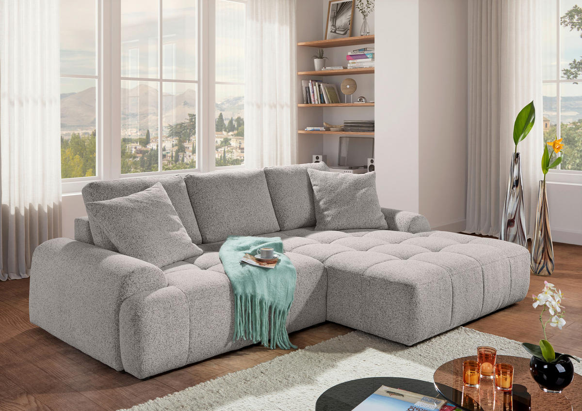 Ecksofa mit Funktion Grau Flachgewebe Zierkissen, Rückenkissen, Bettkasten, Schlaffunktion, Rücken echt, Liegefläche im Originalstoff  - Schwarz/Grau, KONVENTIONELL, Kunststoff/Textil (277/190cm) - Carryhome