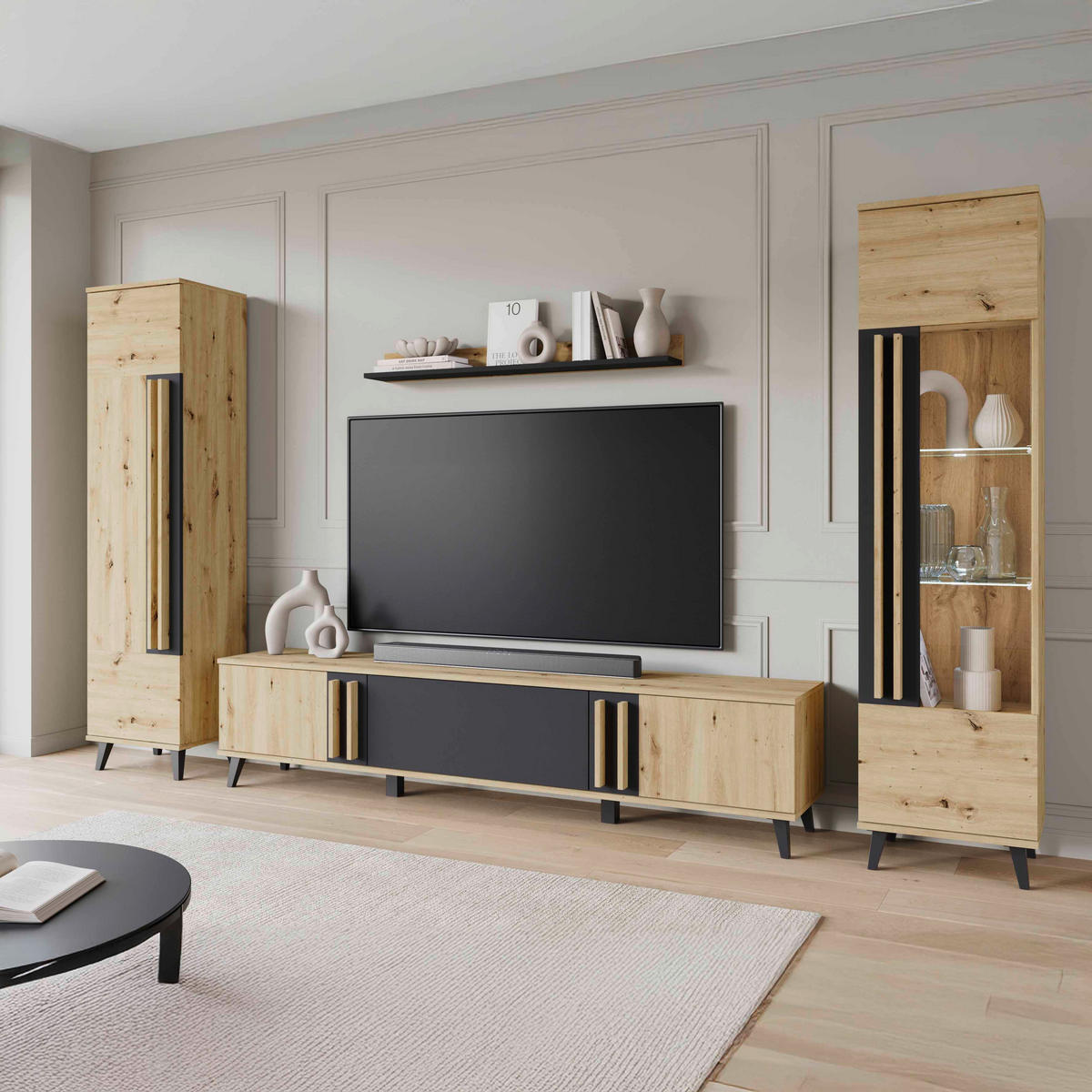 WOHNWAND 4-teilig  Eiche Artisan 260/159,5/33 cm  - Schwarz/Eiche Artisan, Trend, Glas/Holzwerkstoff (260/159,5/33cm) - P & B