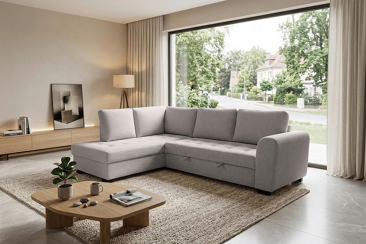 ECKSOFA JOHN Graubraun Cord Rückenkissen, Bettkasten, Liegefläche im Originalstoff  - Graubraun/Schwarz, Trend, Kunststoff/Textil (178/239cm) - P & B